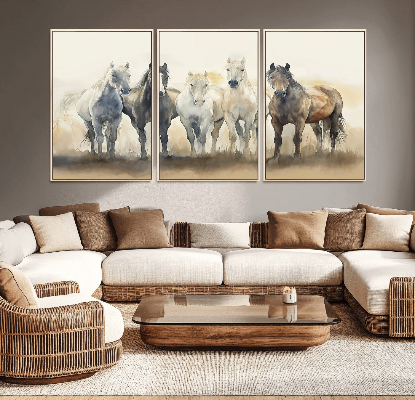 MGV-FC-60X30-3P - Wild Horses Wall Art Canvas Print, Framed Running Horses Art Picture Print, Watercolor Horses Perfect Rustic Western Decor Artwork