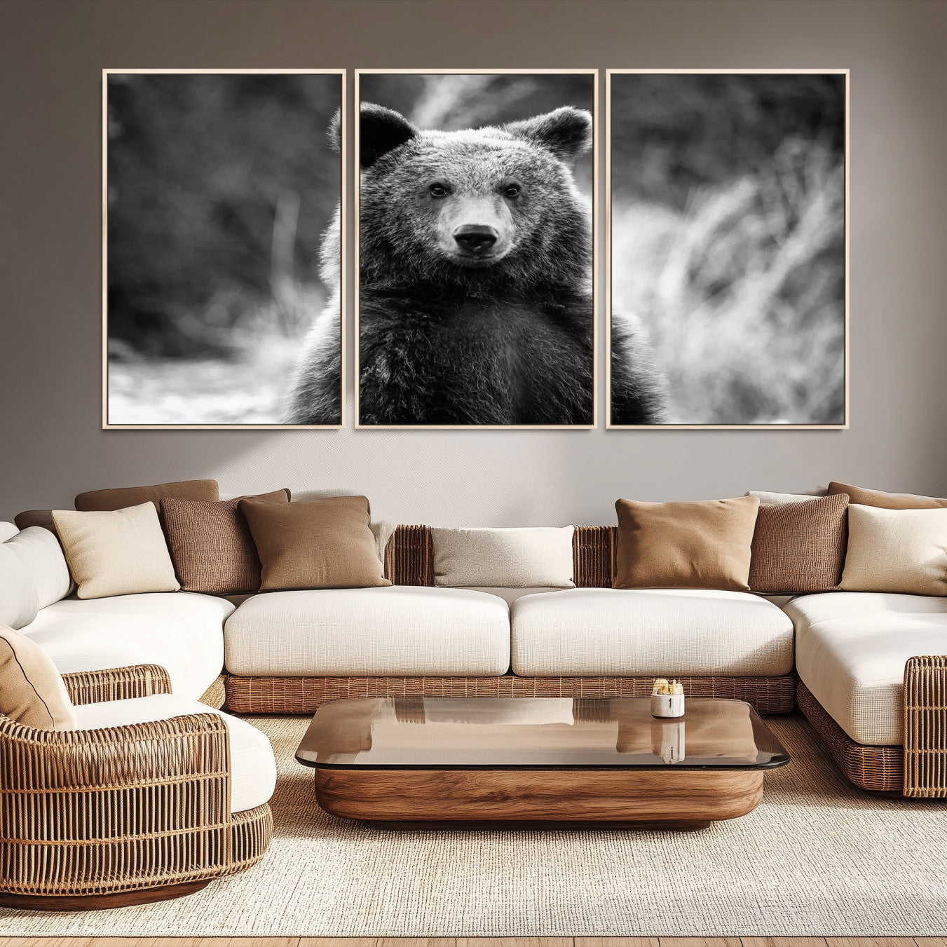 Black and white portrait of a grizzly bear with sharp detail and intense gaze, ideal for neutral-toned wildlife or rustic nature decor.