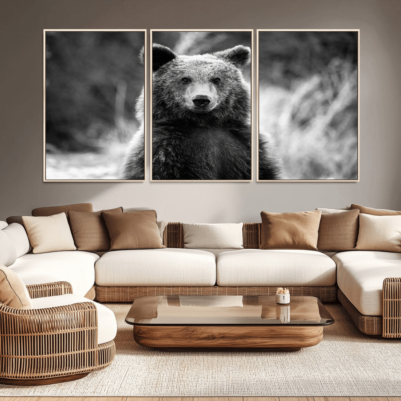 -Grizzly Bear Wall Art Canvas Print, Framed Black White Bear Art Picture Print, Wild Bear Perfect Rustic Wildlife Decor Artwork