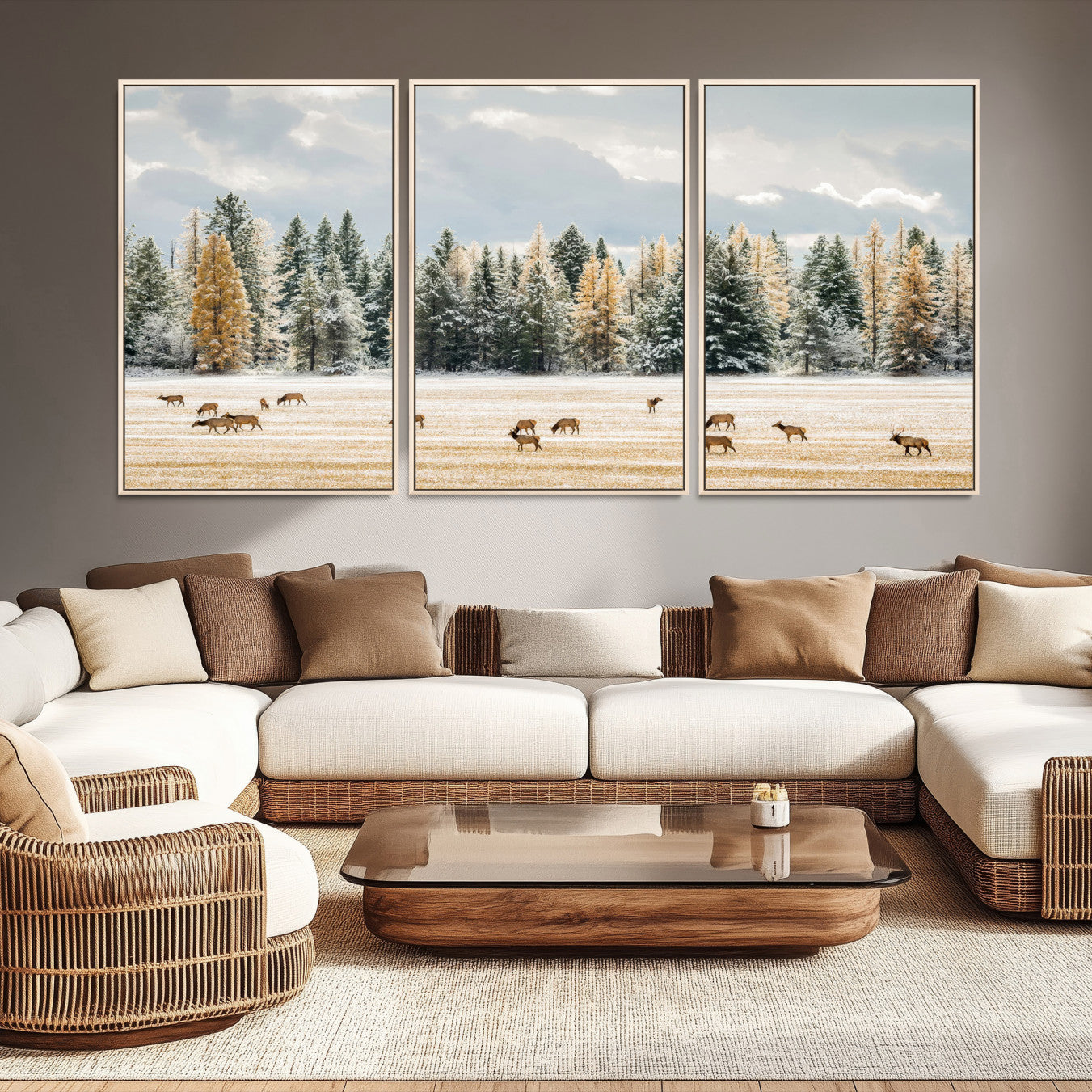 Elk herd in a snowy field with golden pine trees and frosted evergreens, ideal for neutral rustic or cabin-style home decor.