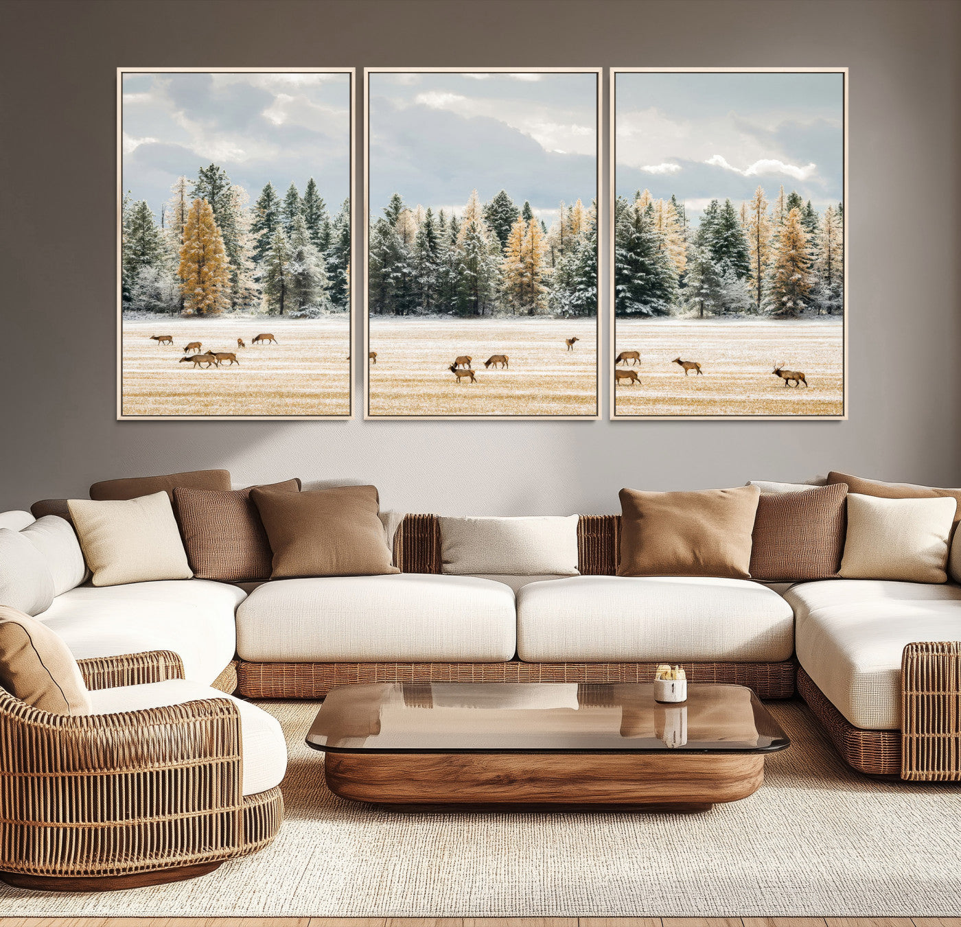 Elk herd in a snowy field with golden pine trees and frosted evergreens, ideal for neutral rustic or cabin-style home decor.