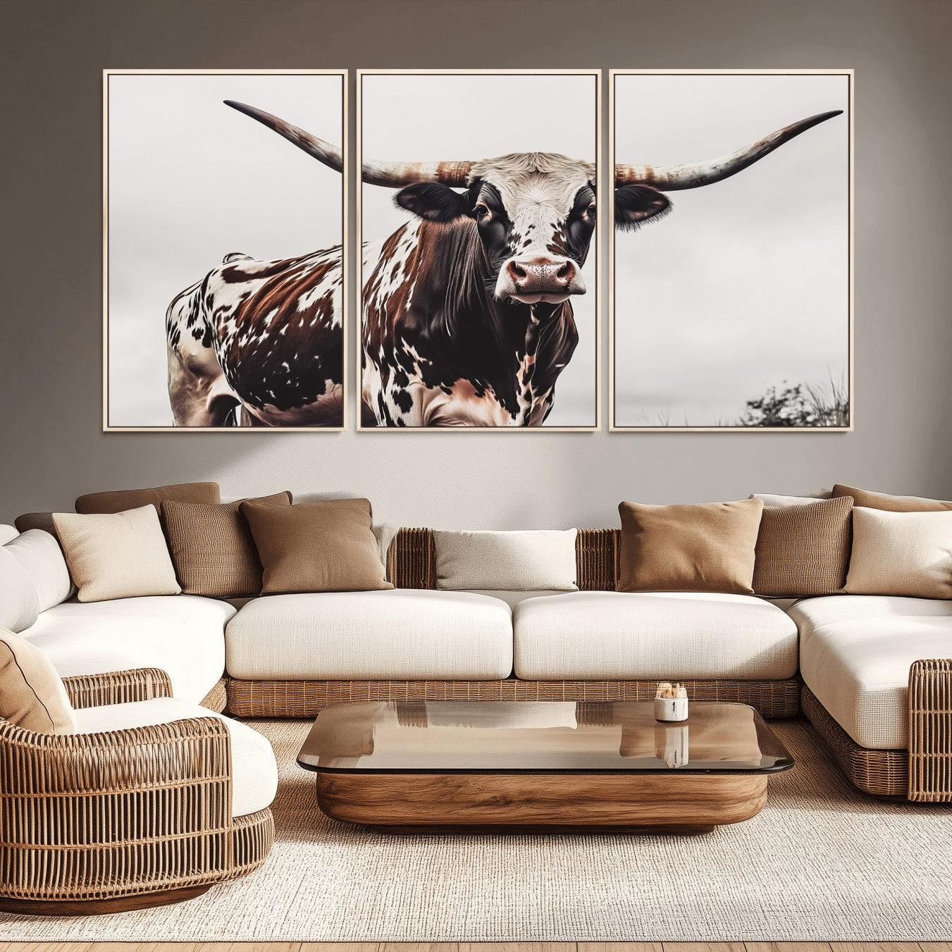 Close-up of a Texas Longhorn bull with powerful horns, perfect for rustic farmhouse or country-themed home decor. Ideal for animal lovers.