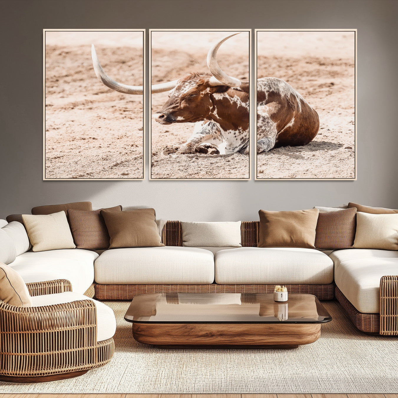 -Texas Longhorn Wall Art Canvas Print, Framed Resting Bull Art Picture Print, Spotted Cattle Perfect