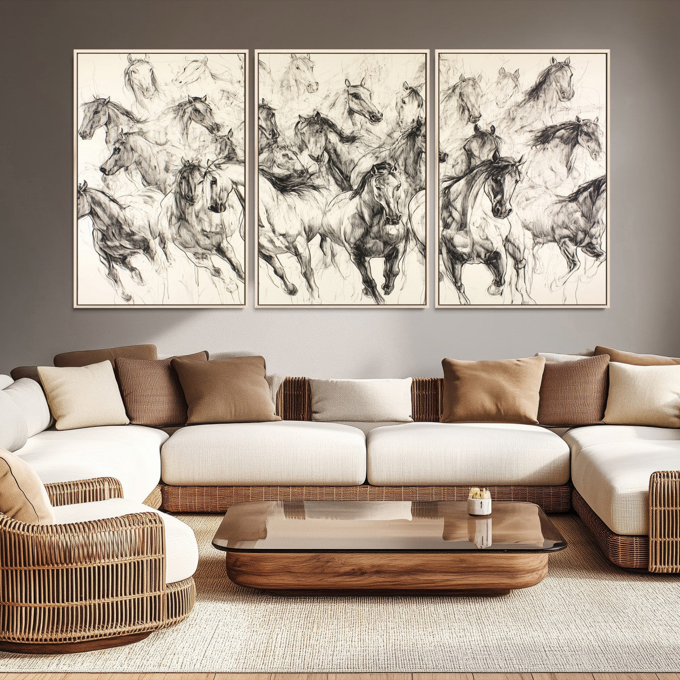 19433417-MGV-CV-36X24-Running Horses Wall Art Canvas Print – Framed Galloping Herd Dynamic Equestrian Sketch Nature Artwork for Home Office