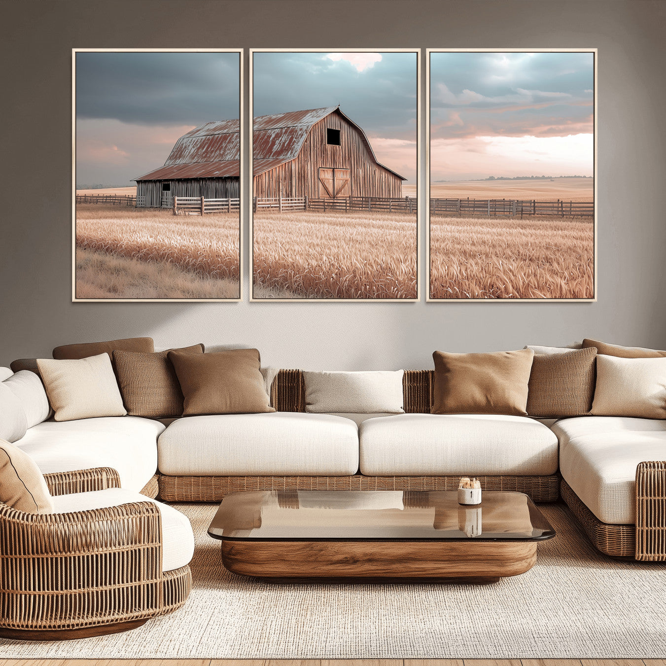 MGV-FC-60X30-3P - Rustic Barn Wall Art Canvas Print, Framed Wheat Field Art Picture Print, Sunset Barn Perfect Vintage Farmhouse Decor Artwork