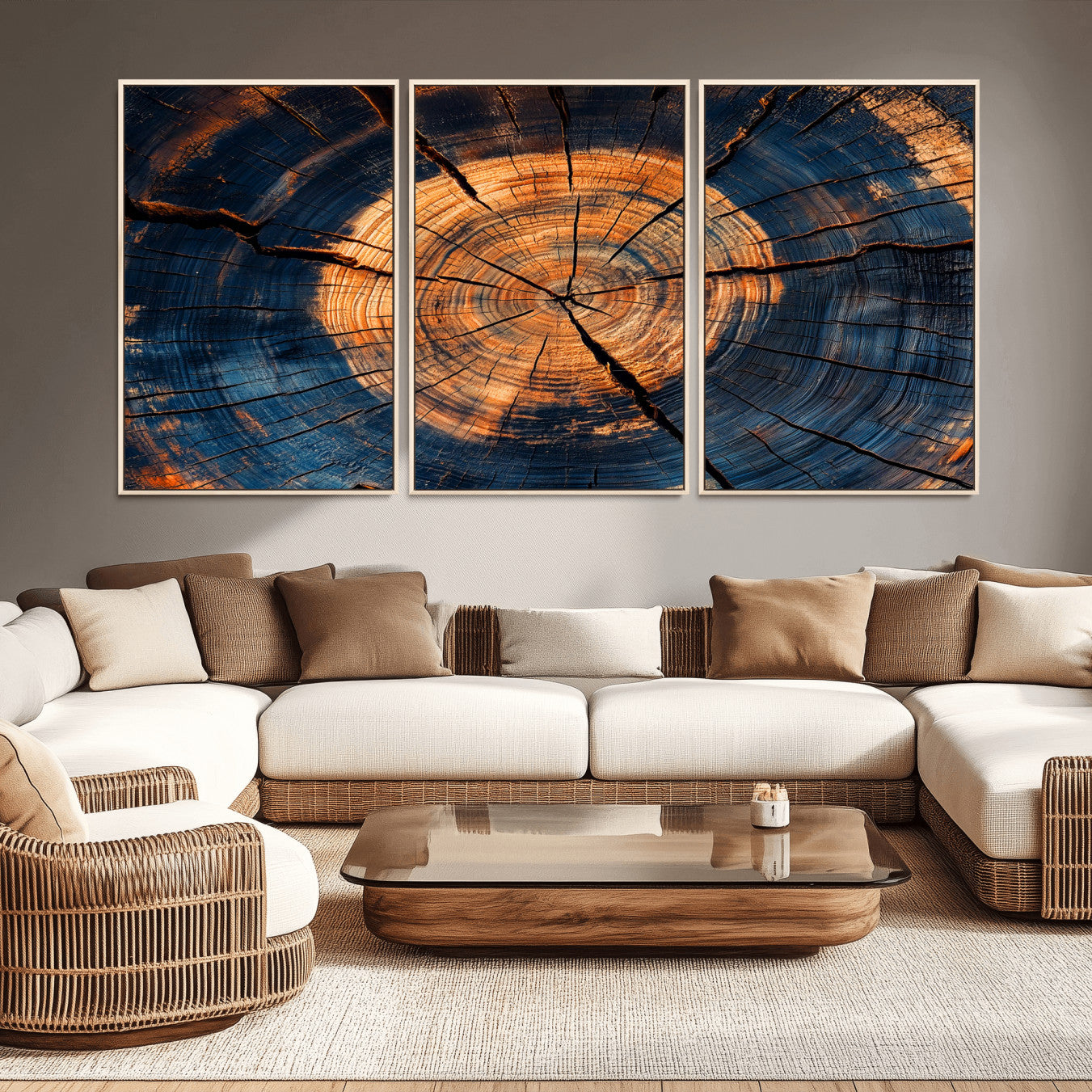 18975622-MGV-FC-60X30-3P_Natural-Burnt Wood Wall Art Canvas Print – Framed Aged Timber Tree Artwork, Rustic Decor Perfect for Home, Office