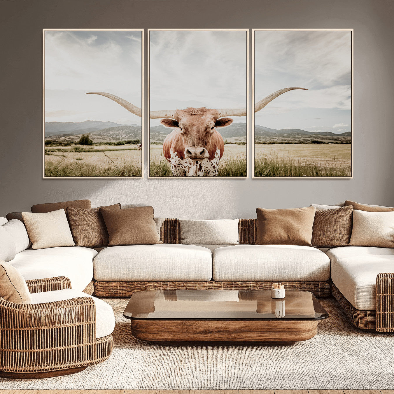 80054319-MGV-CV-36X24-Texas Longhorn Wall Art Canvas Print – Framed Western Cow Scene with Rustic Farmhouse Artwork for Home, Office