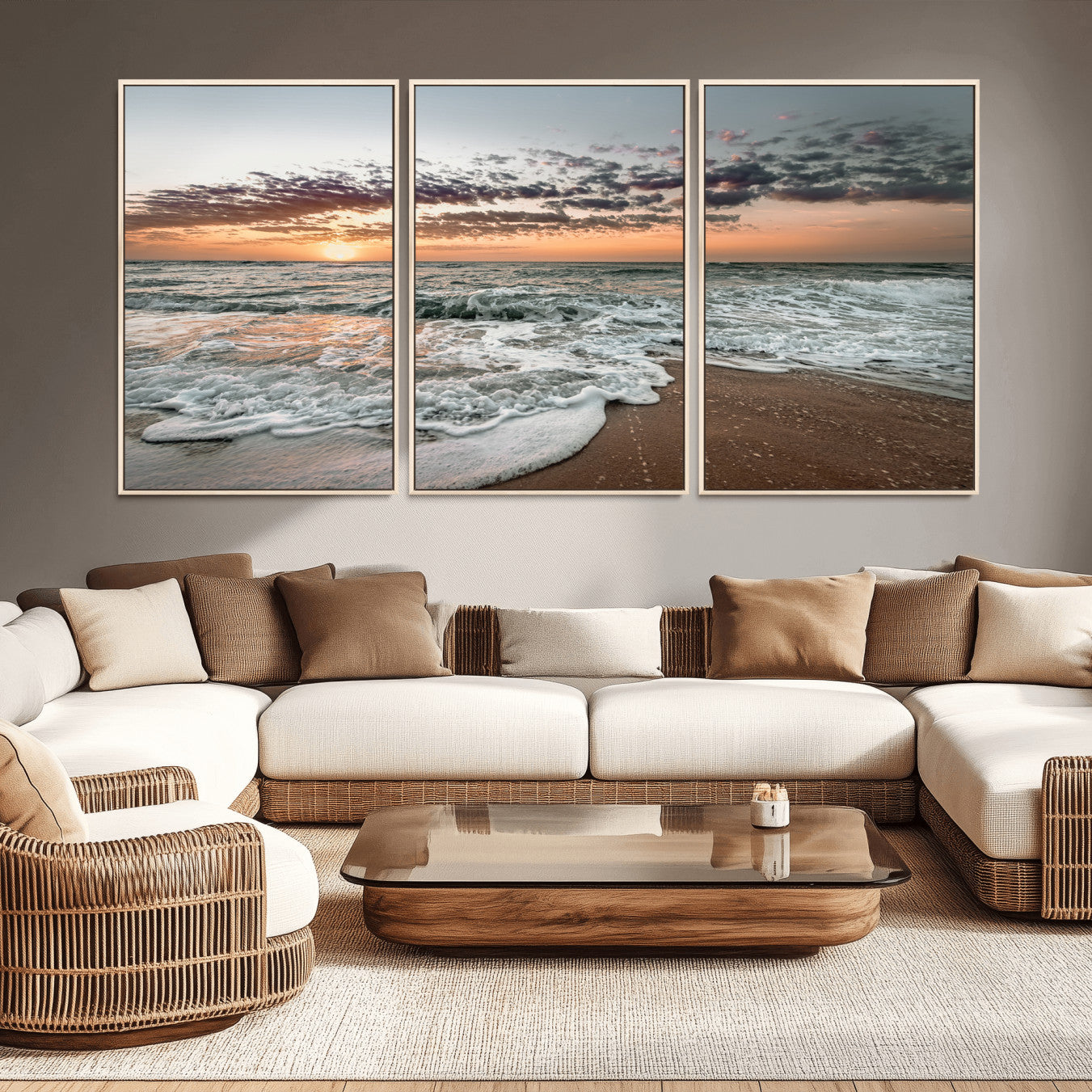 40632752-MGV-CV-36X24-Ocean Sunset Wall Art Canvas Print – Framed Beach Waves Scene with Coastal Artwork for Home, Office, Living Room
