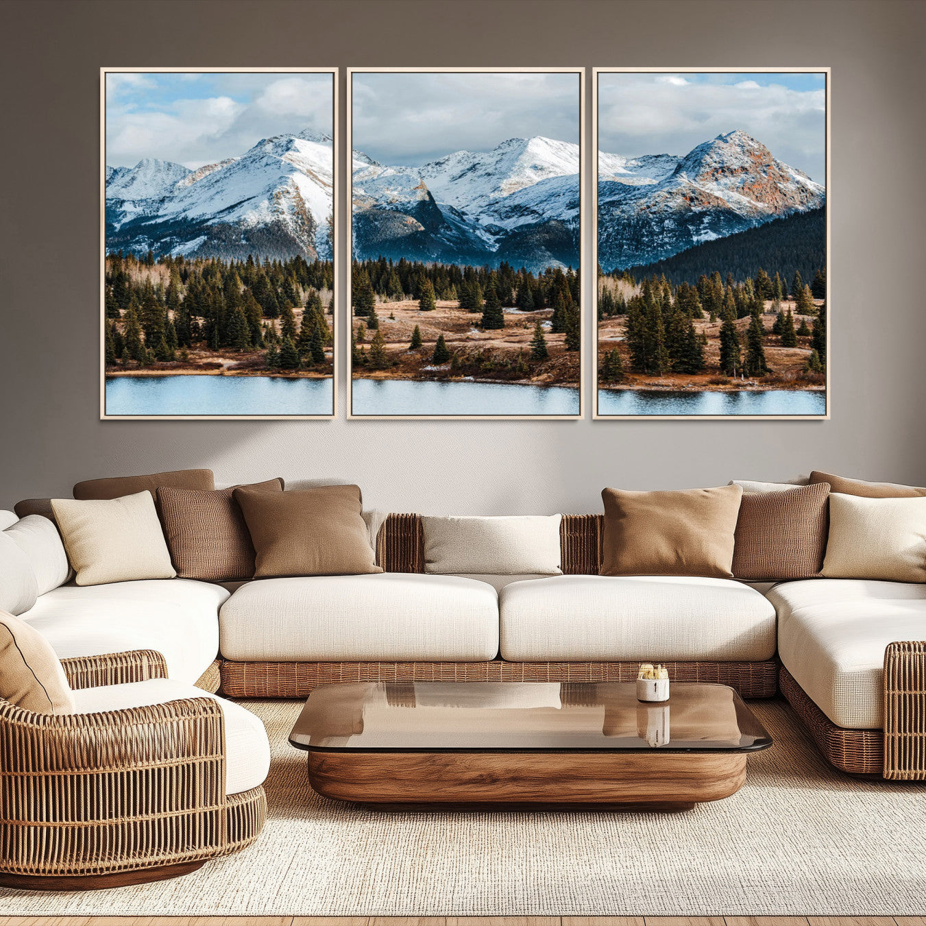 -Snowy Peaks Wall Art Canvas Print, Framed Alpine Lake Art Picture Print, Pine Forest Perfect Alpine