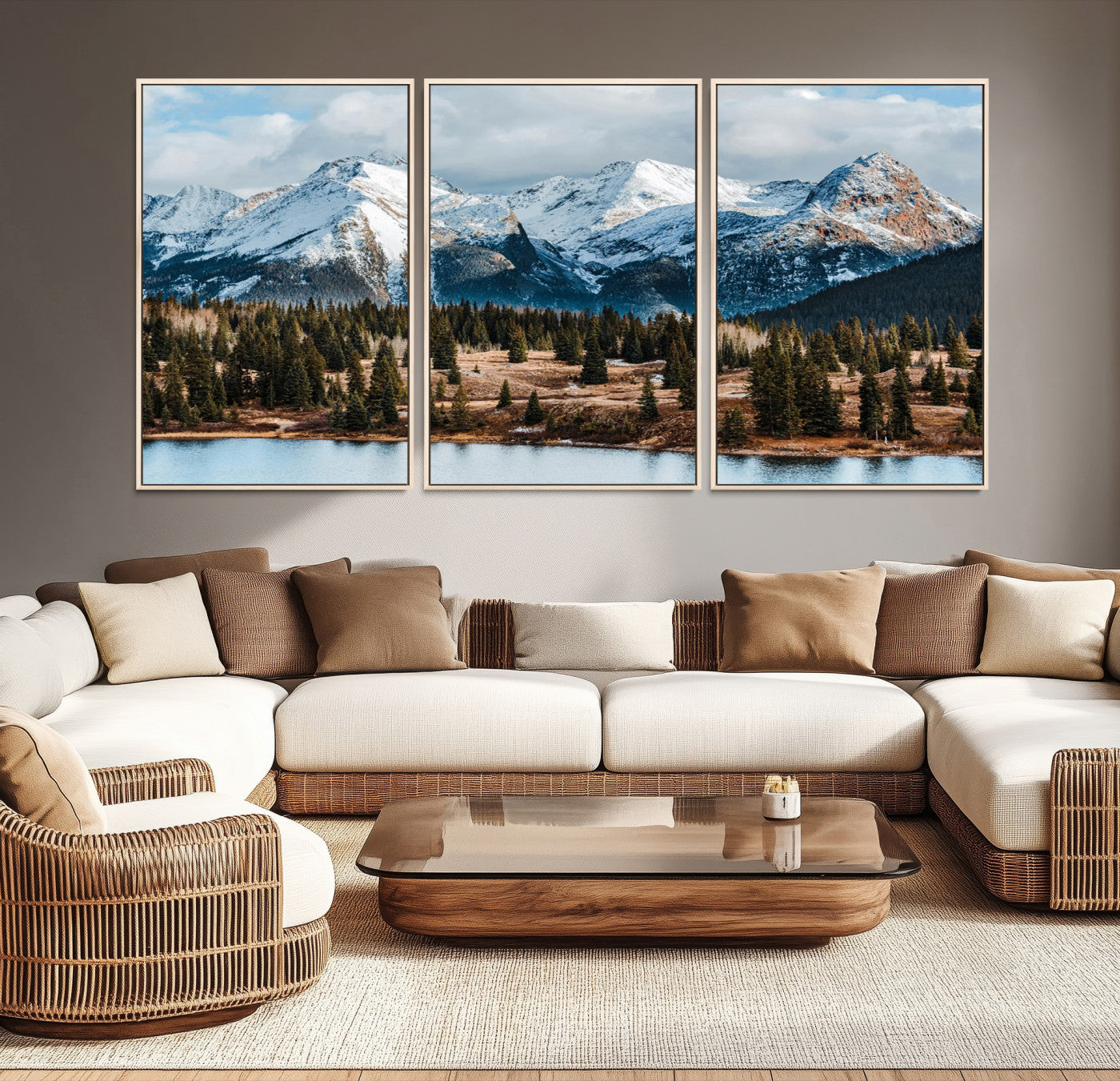 -Snowy Peaks Wall Art Canvas Print, Framed Alpine Lake Art Picture Print, Pine Forest Perfect Alpine