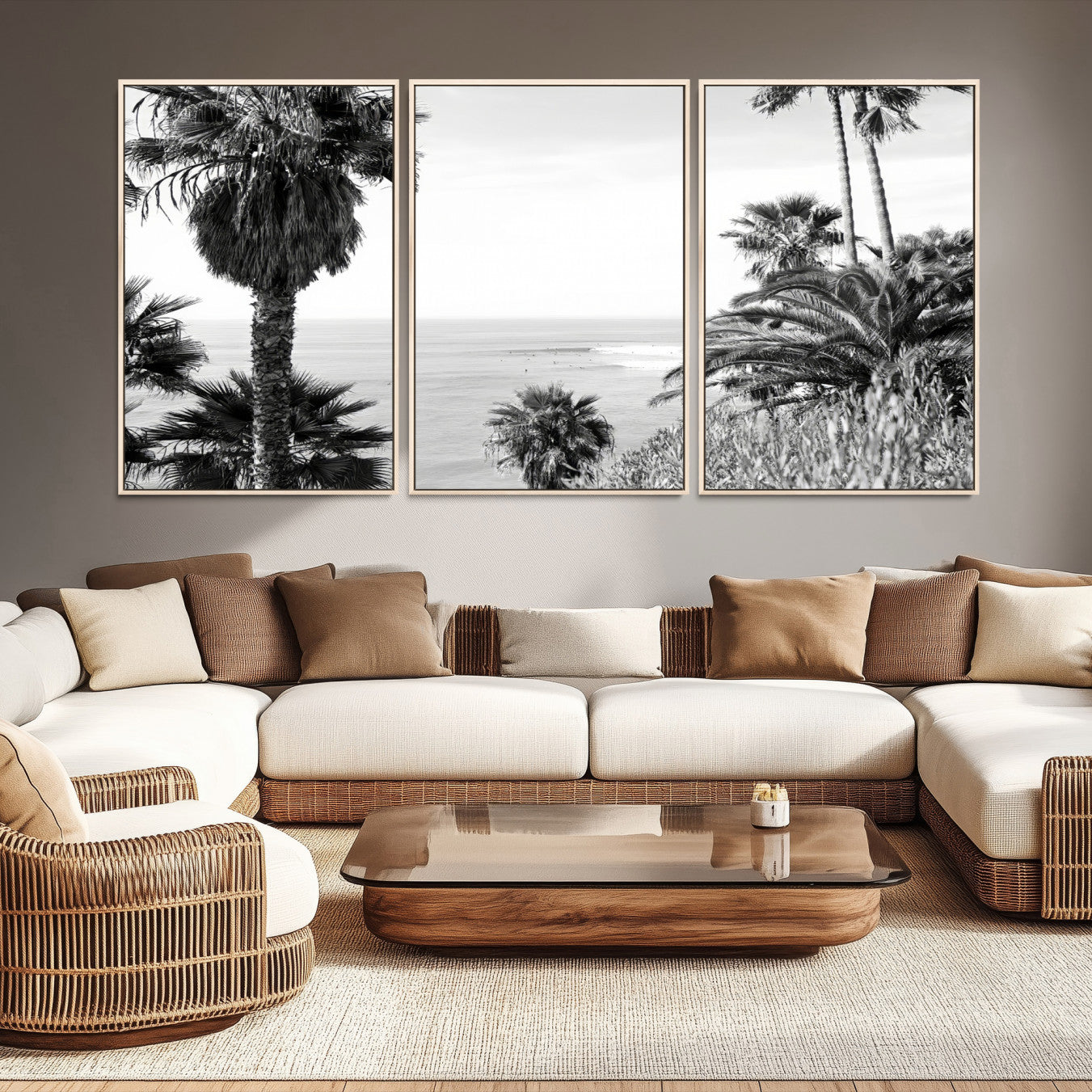 89458520-MGV-CV-36X24-Palm Trees Wall Art Canvas Print, Framed Coastal Art Picture Print, Ocean Horizon Perfect Monochrome Coast Decor