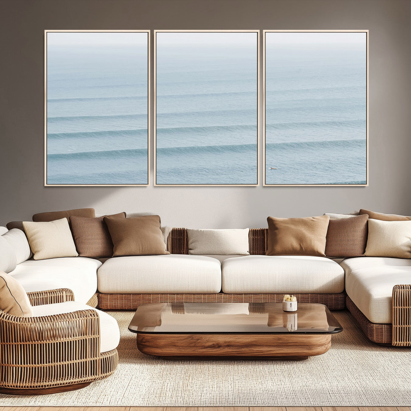 -Ocean Waves Wall Art Canvas Print, Framed Solo Surfer Art Picture Print, Wave Lines Perfect