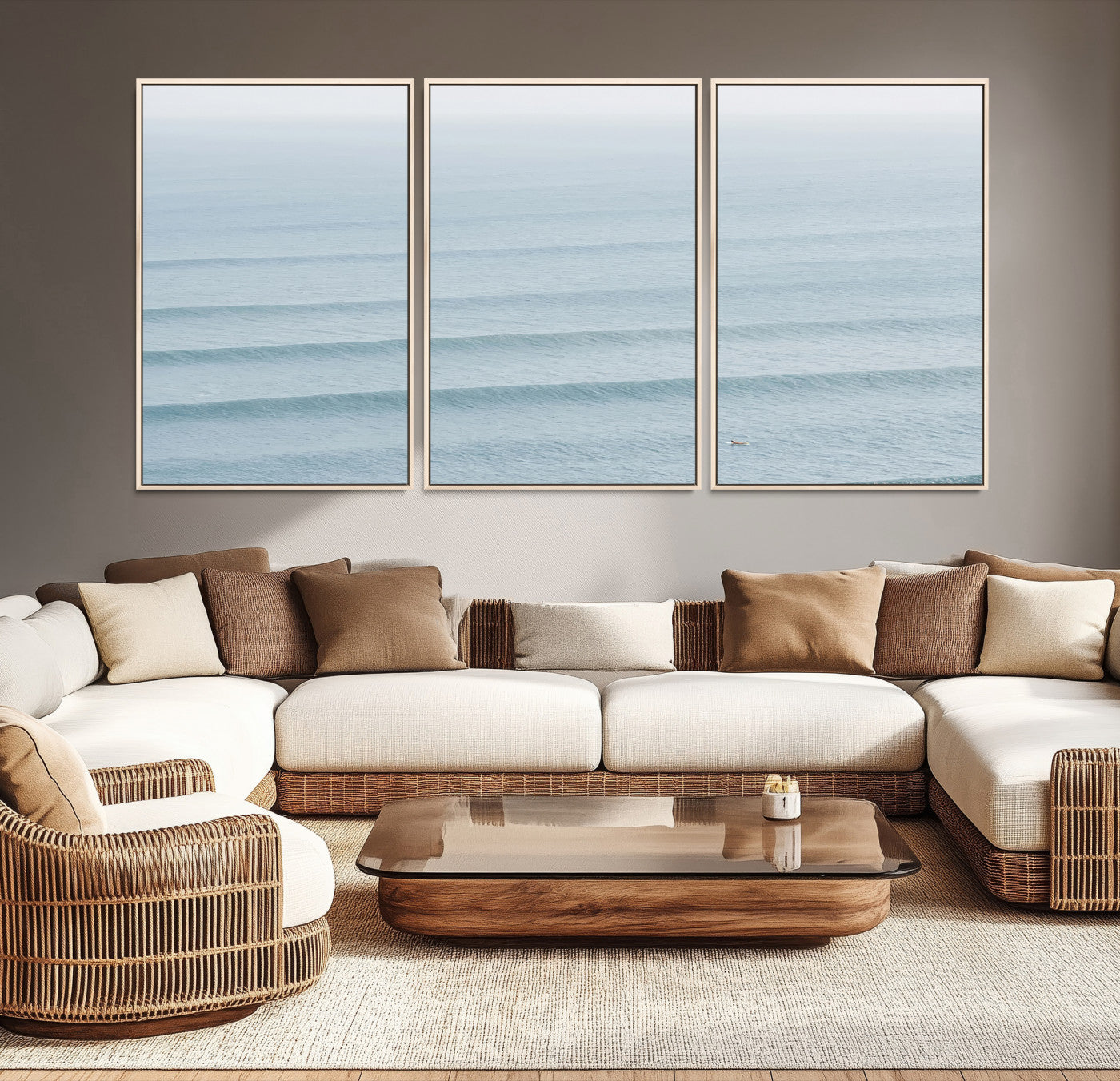 -Ocean Waves Wall Art Canvas Print, Framed Solo Surfer Art Picture Print, Wave Lines Perfect