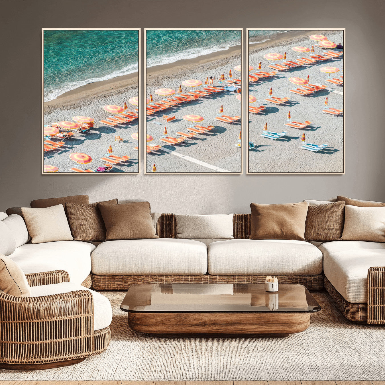 27805351-MGV-CV-36X24 - Beach Umbrellas Wall Art – Orange Loungers & Turquoise Water Canvas Print, Sandy Shore and Summer Vibes