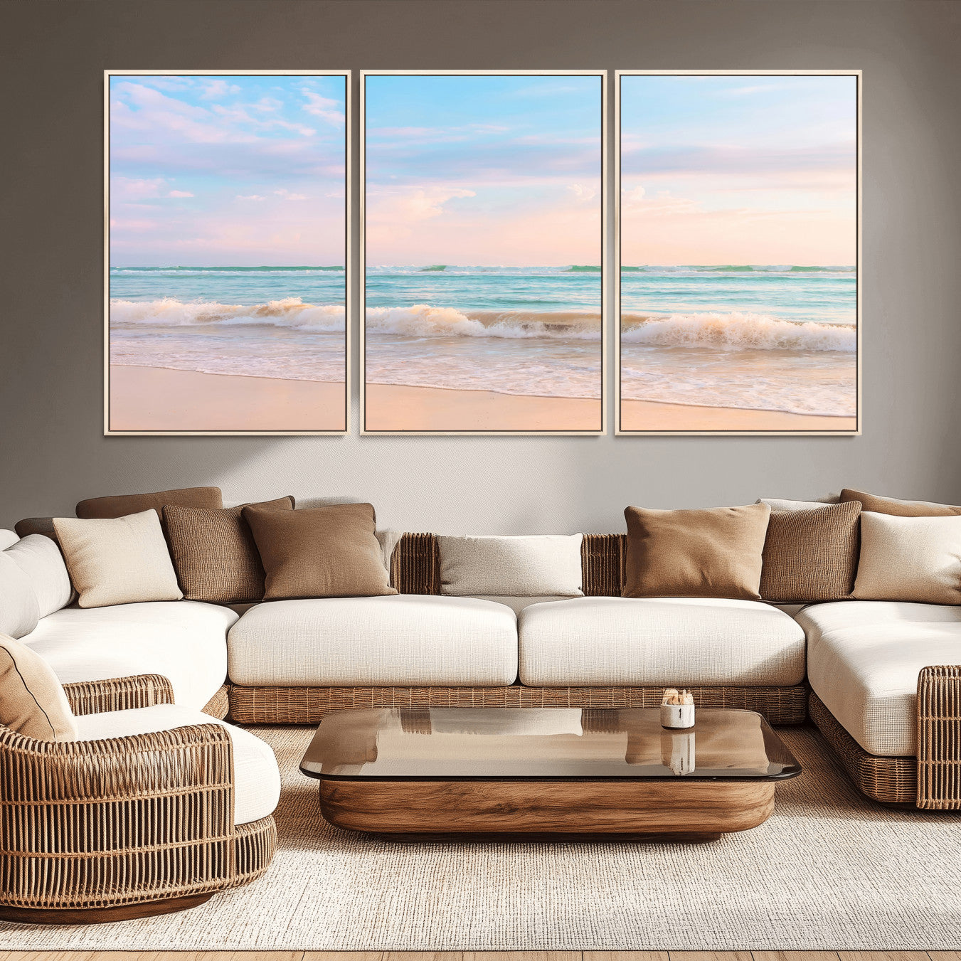 74679437-MGV-CV-36X24 - Serene Waves Wall Art – Golden Shore & Soft Pastel Sky Canvas Print, Gentle Ocean and Peaceful Sunset for Living Room or Office