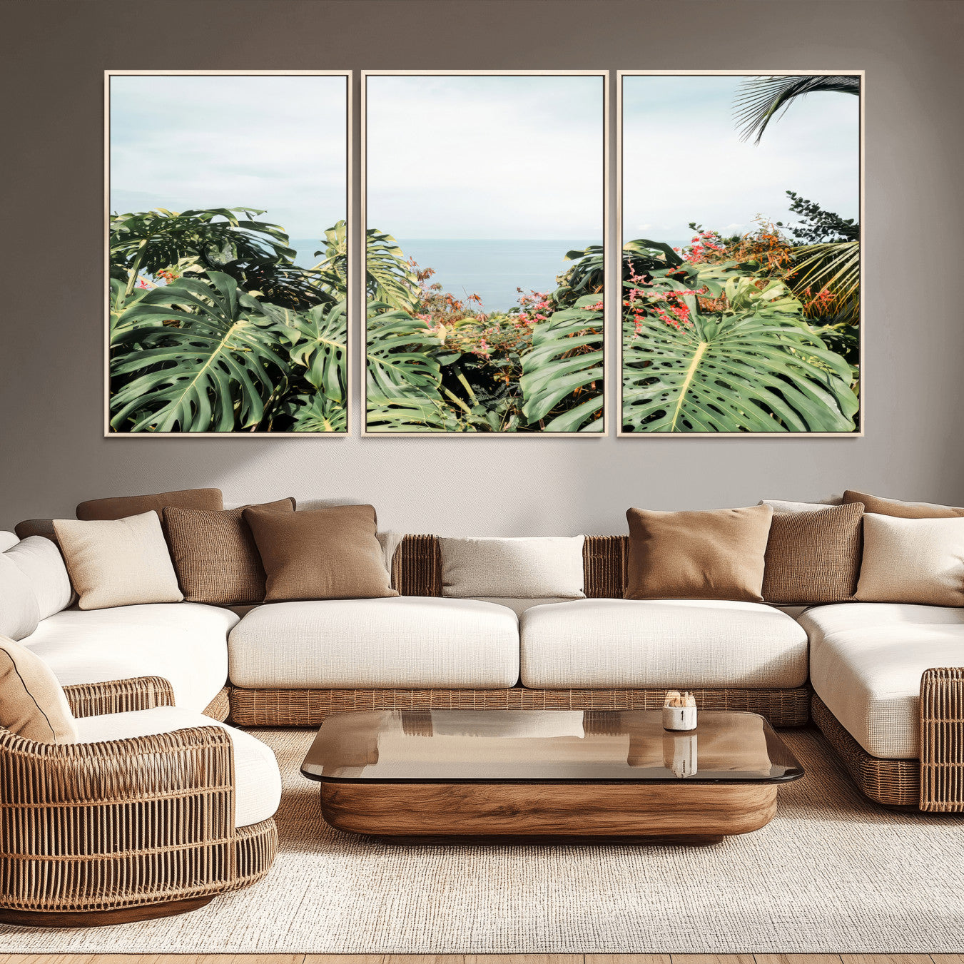 45700479-MGV-CV-36X24 - Tropical Greenery Wall Art – Exotic Leaves & Ocean View Canvas Print, Sunlit Paradise and Vibrant Nature for Living Room or Coastal Decor