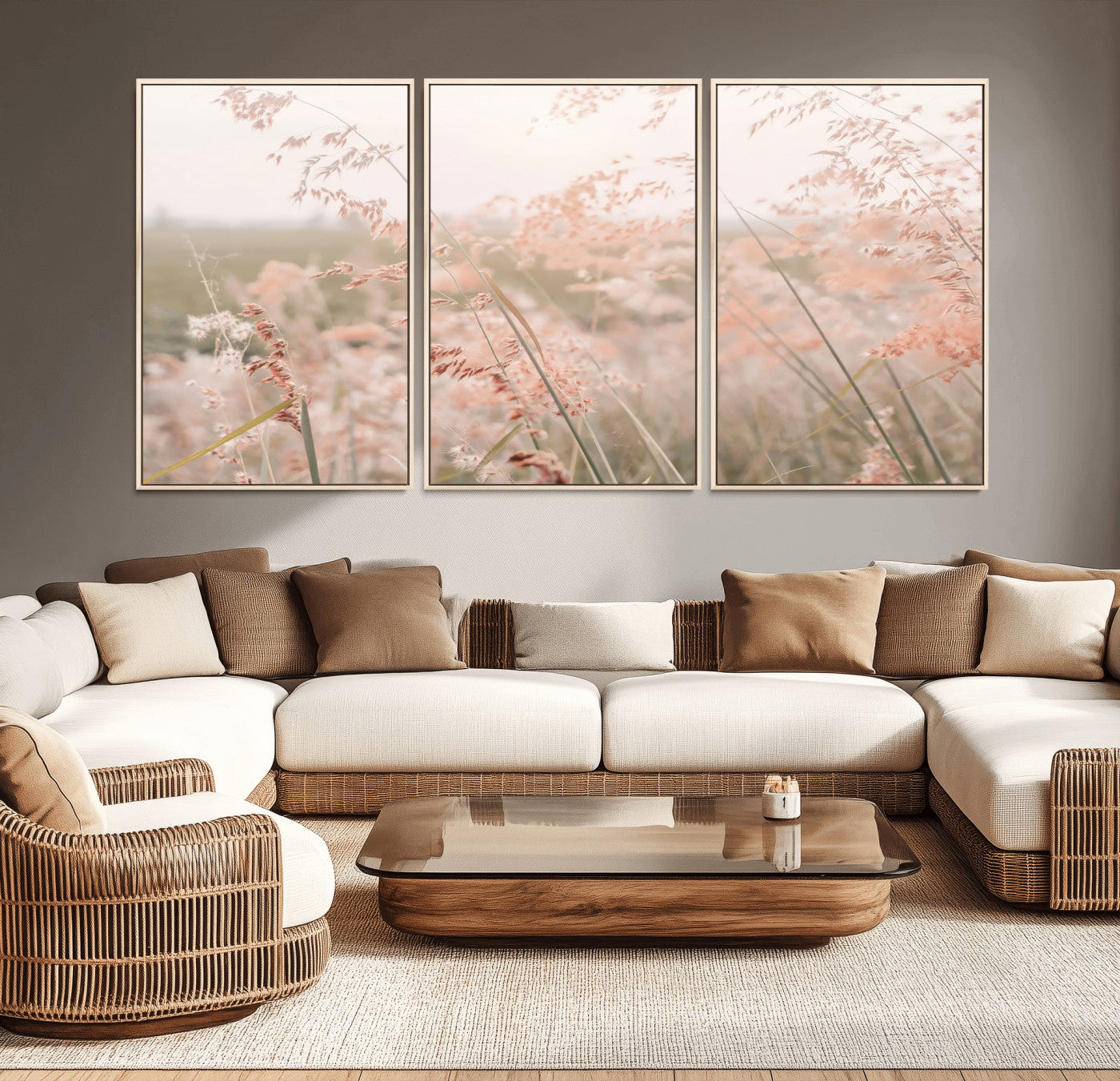 -Pastel Grasses Wall Art Canvas Print, Framed Soft Meadow Art Picture Print, Field in Breeze Perfect Soft Pastel Minimal Decor Artwork
