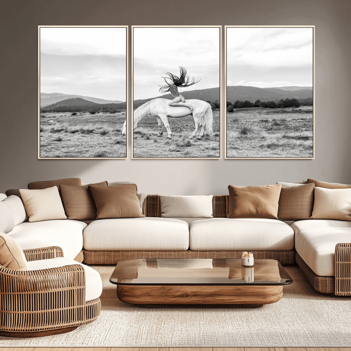 62789800-MGV-CV-36X24-White Horse Wall Art Canvas Print – Framed Woman Rider Equestrian Pose Western Boho Elegant Artwork for Home Office