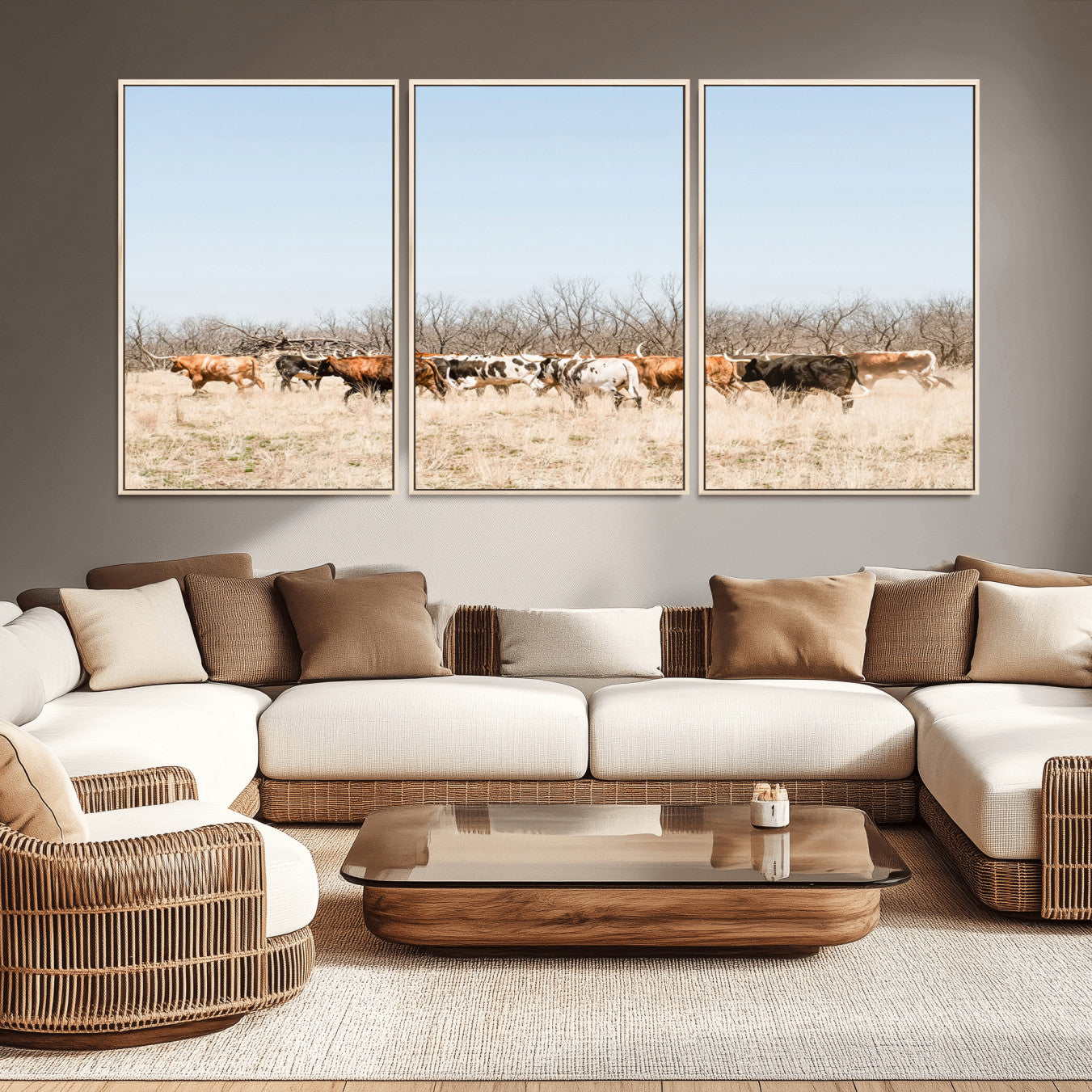 16563092-MGV-CV-36X24-Texas Longhorns Wall Art Canvas Print – Framed Western Cattle Rustic Herd Farmhouse Country Animal Artwork for Home Office