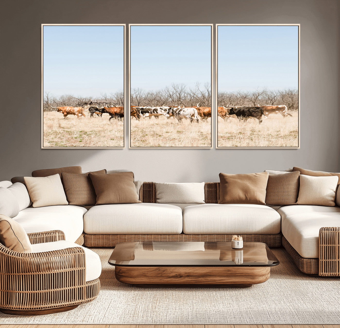 16563092-MGV-CV-36X24-Texas Longhorns Wall Art Canvas Print – Framed Western Cattle Rustic Herd Farmhouse Country Animal Artwork for Home Office
