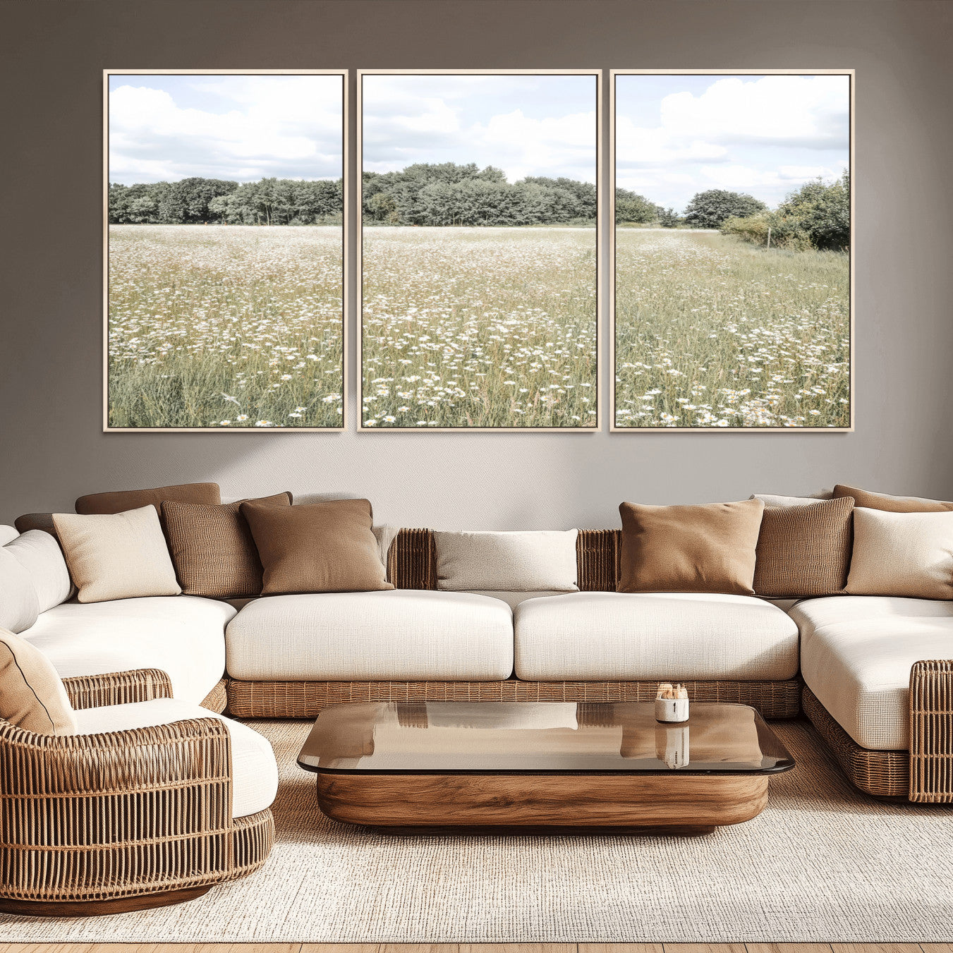 43258946-MGV-CV-36X24-Charming Daisy Field Wall Art Canvas Print – Framed Pastel Flower Meadow Bloom Scandinavian Minimal Artwork for Home Office