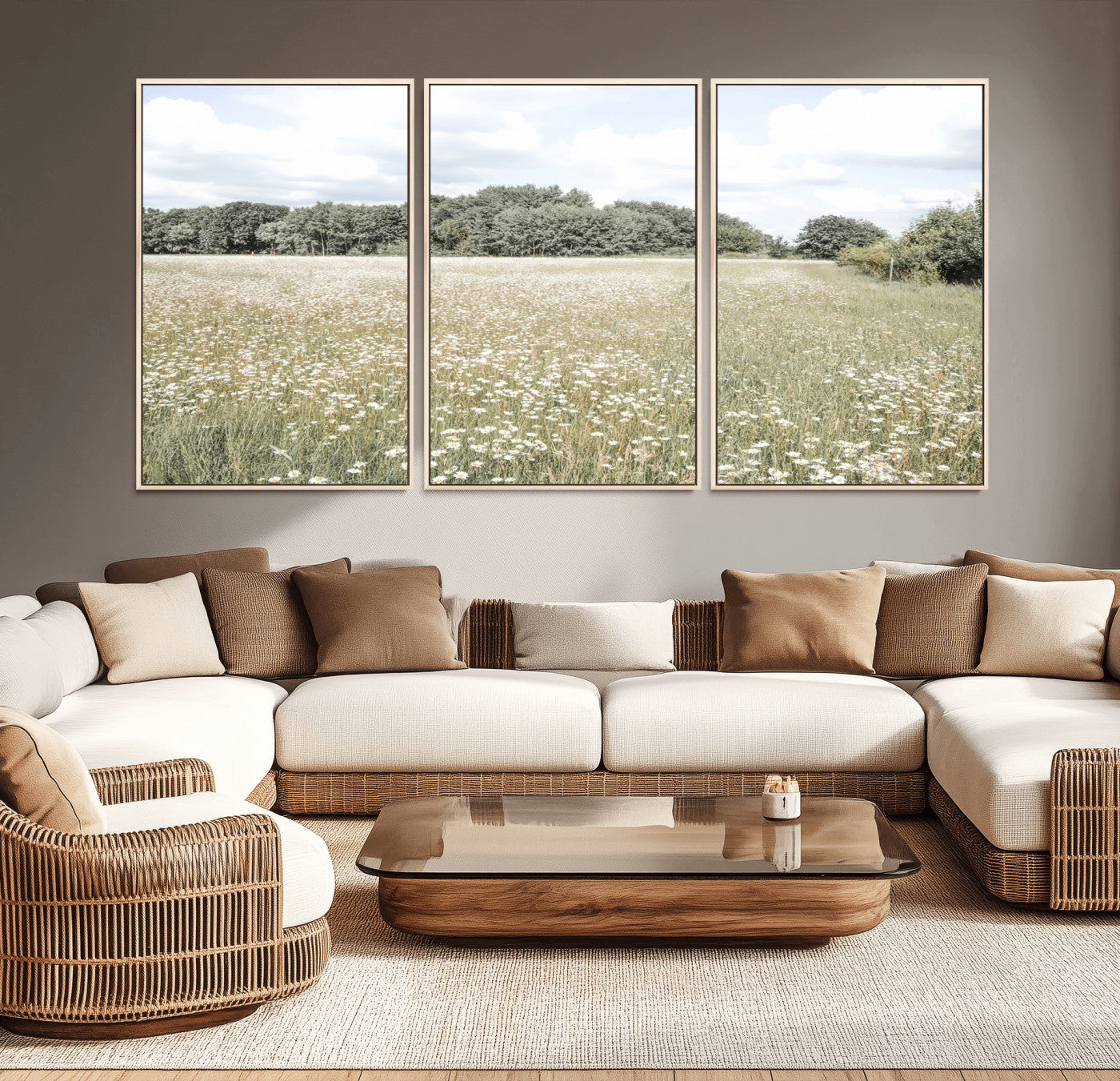 43258946-MGV-CV-36X24-Charming Daisy Field Wall Art Canvas Print – Framed Pastel Flower Meadow Bloom Scandinavian Minimal Artwork for Home Office