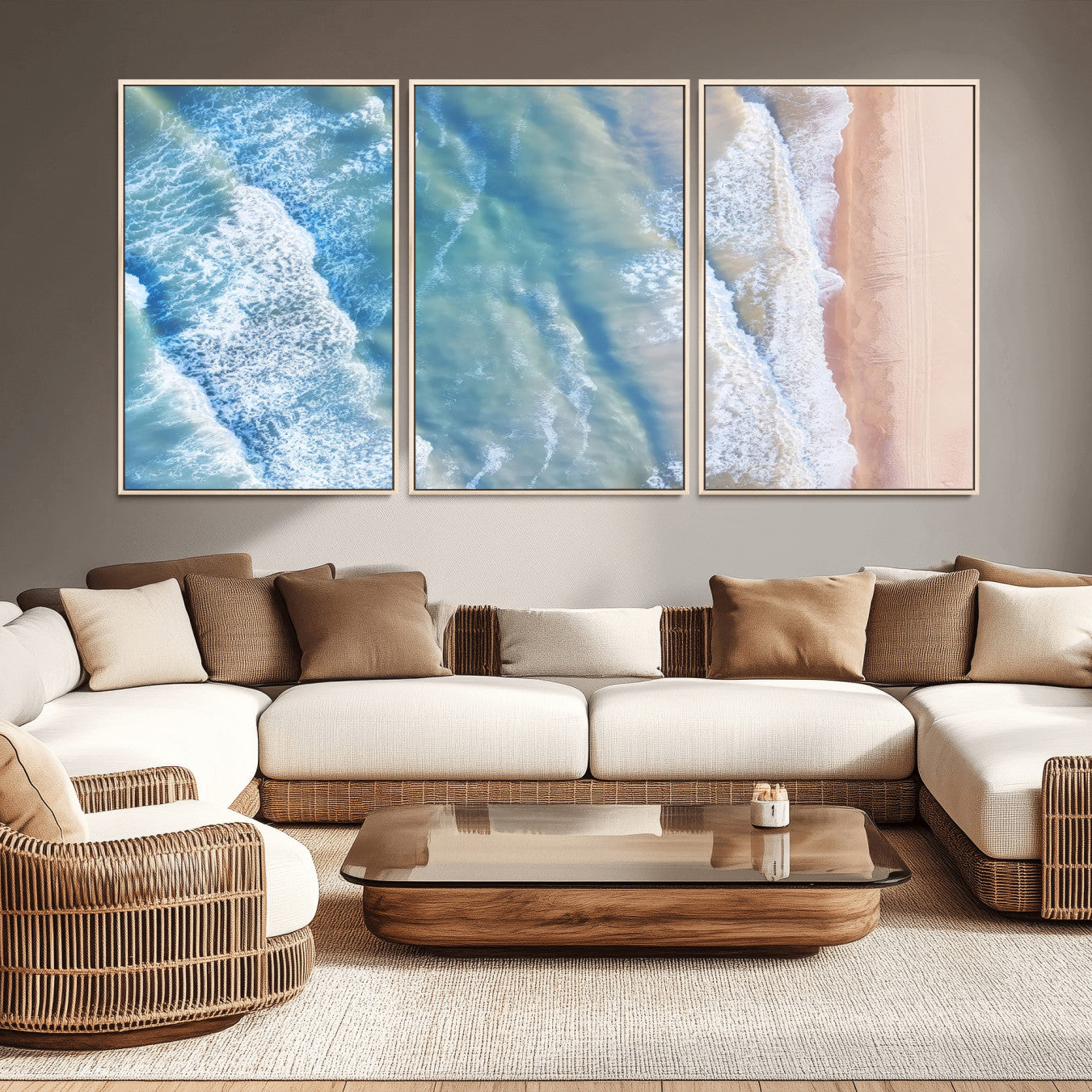 -Aerial Ocean View Wall Art Canvas Print, Framed Soft Blue Waves Art Picture Print, Sandy Shoreline Perfect Modern Coastal Decor Artwork