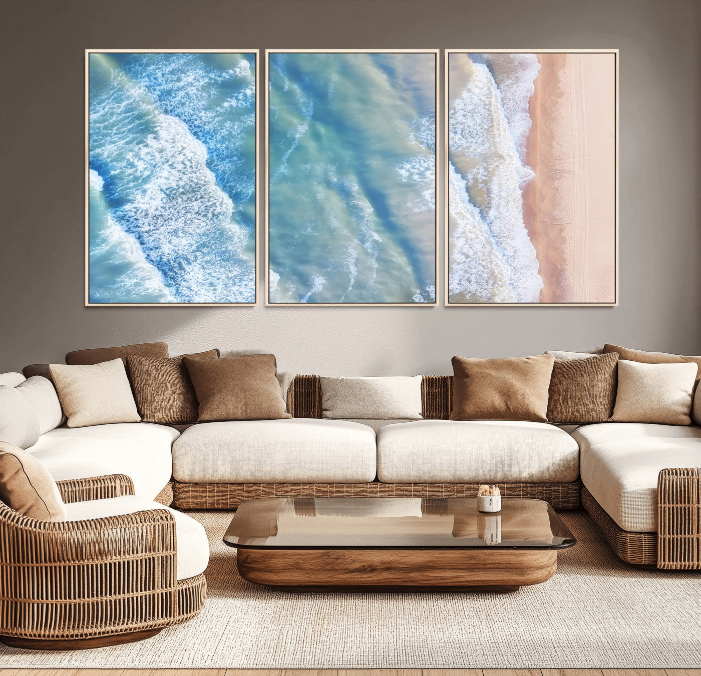 -Aerial Ocean View Wall Art Canvas Print, Framed Soft Blue Waves Art Picture Print, Sandy Shoreline Perfect Modern Coastal Decor Artwork
