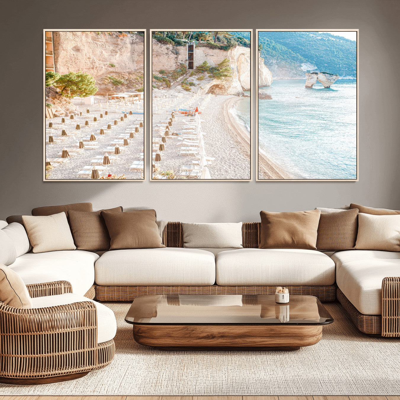 84816639-MGV-CV-36X24 - Sunny Beach Wall Art – Chairs & Umbrellas Canvas Print, Clear Water, Rocky Cliffs, Coastal Calm for Living Room or Vacation Home Decor