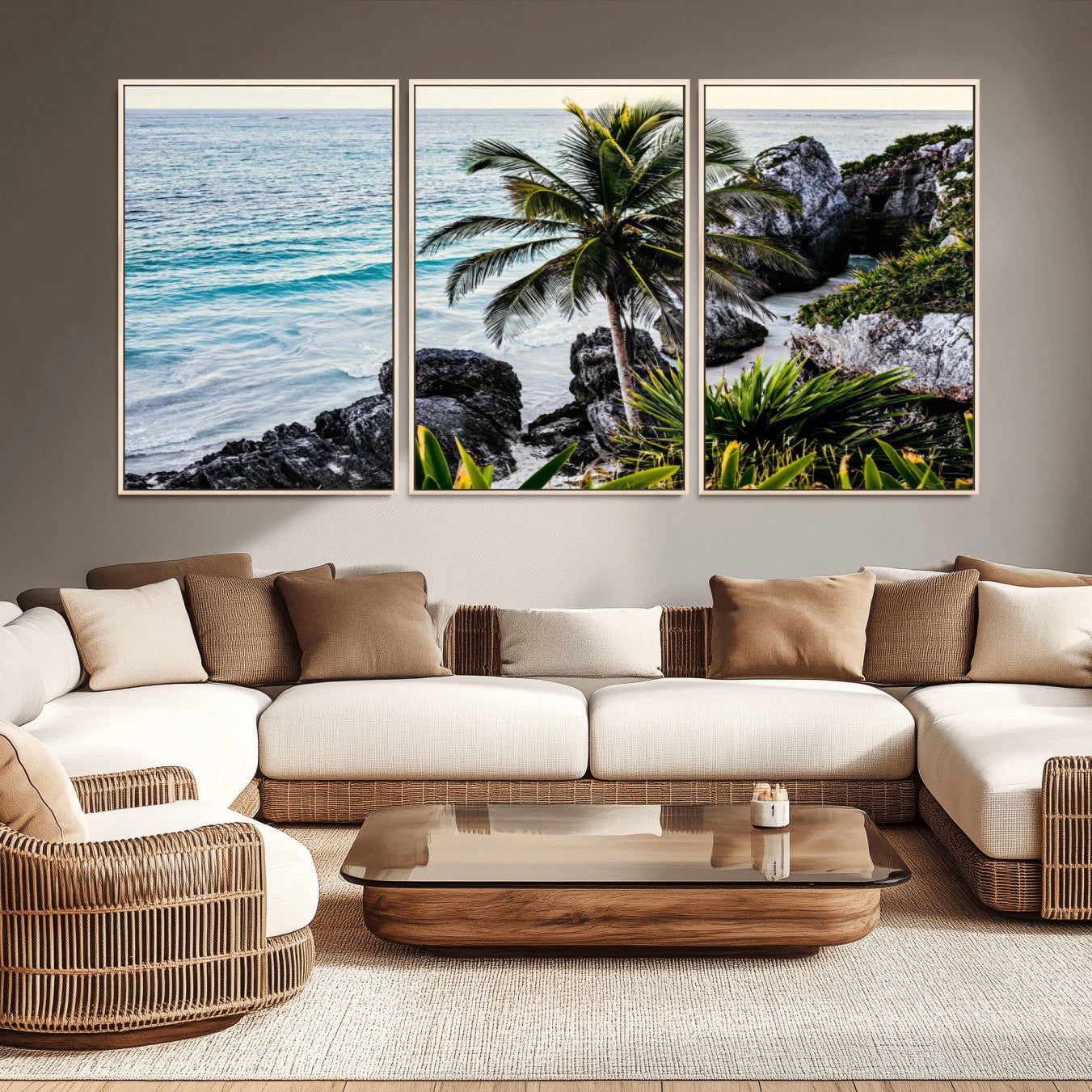 94669907-MGV-CV-36X24 - Tropical Palm Wall Art – Coastal Rocks Canvas Print, Ocean Breeze, Sandy Shore, Vibrant Green Foliage for Living Room or Beach House Decor