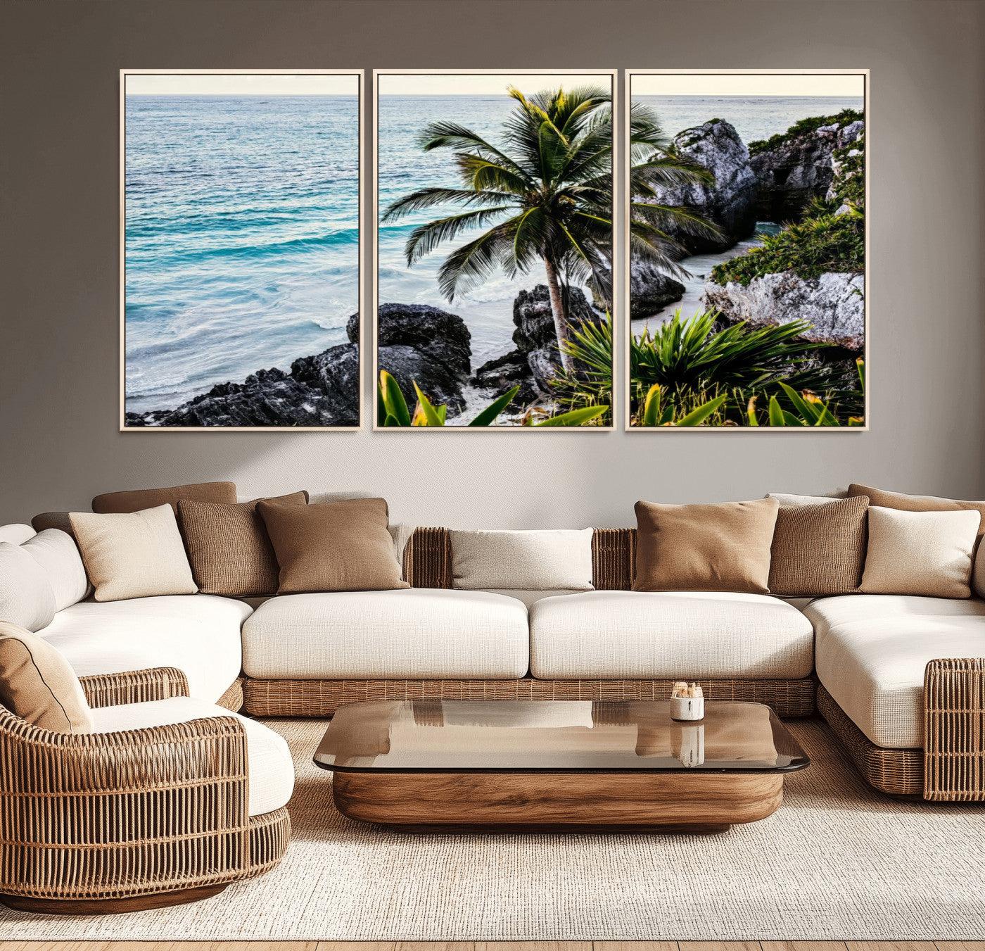 94669907-MGV-CV-36X24 - Tropical Palm Wall Art – Coastal Rocks Canvas Print, Ocean Breeze, Sandy Shore, Vibrant Green Foliage for Living Room or Beach House Decor