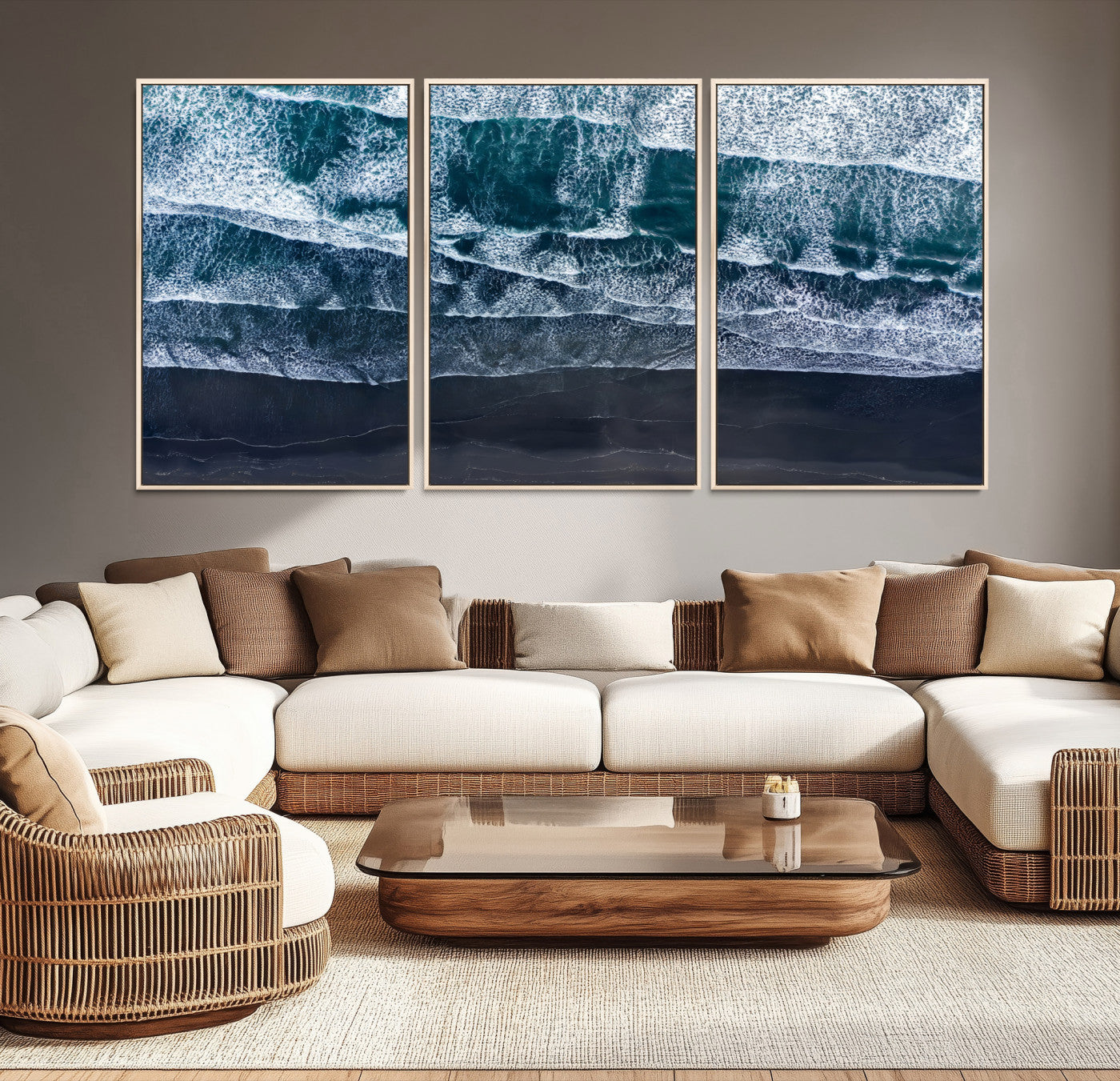 87941475-MGV-CV-36X24-Black Beach Wall Art Canvas Print – Framed Aerial Ocean View Moody Coastal Seascape Nature Artwork for Home Office