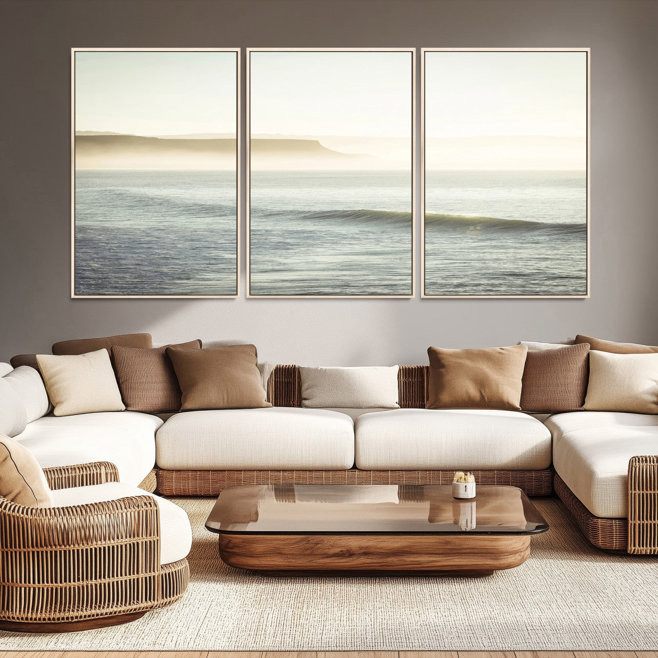 -Coastal Cliffs Wall Art Canvas Print, Framed Misty Ocean Art Picture Print, Soft Morning Perfect
