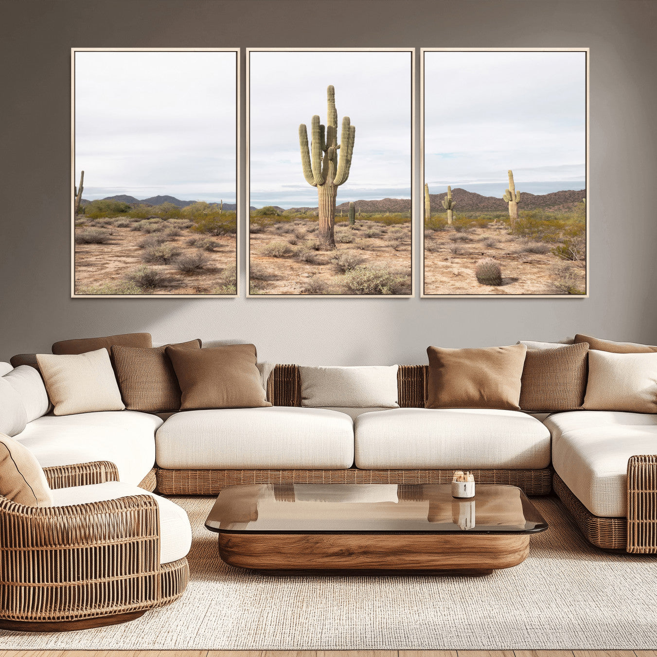 MGV-FC-60X30-3P - Saguaro Cactus Wall Art Canvas Print, Framed Desert Cactus Art Picture Print, Earthy Desert Perfect Southwestern Boho Decor Artwork