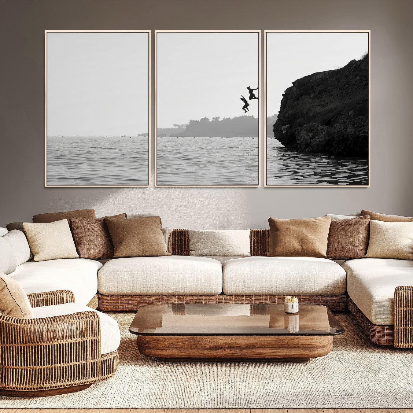 52284302-MGV-CV-36X24-Jumping Wall Art Canvas Print – Framed Coastal Ocean Scene Artwork for Relaxing Beach Home, Office Decor
