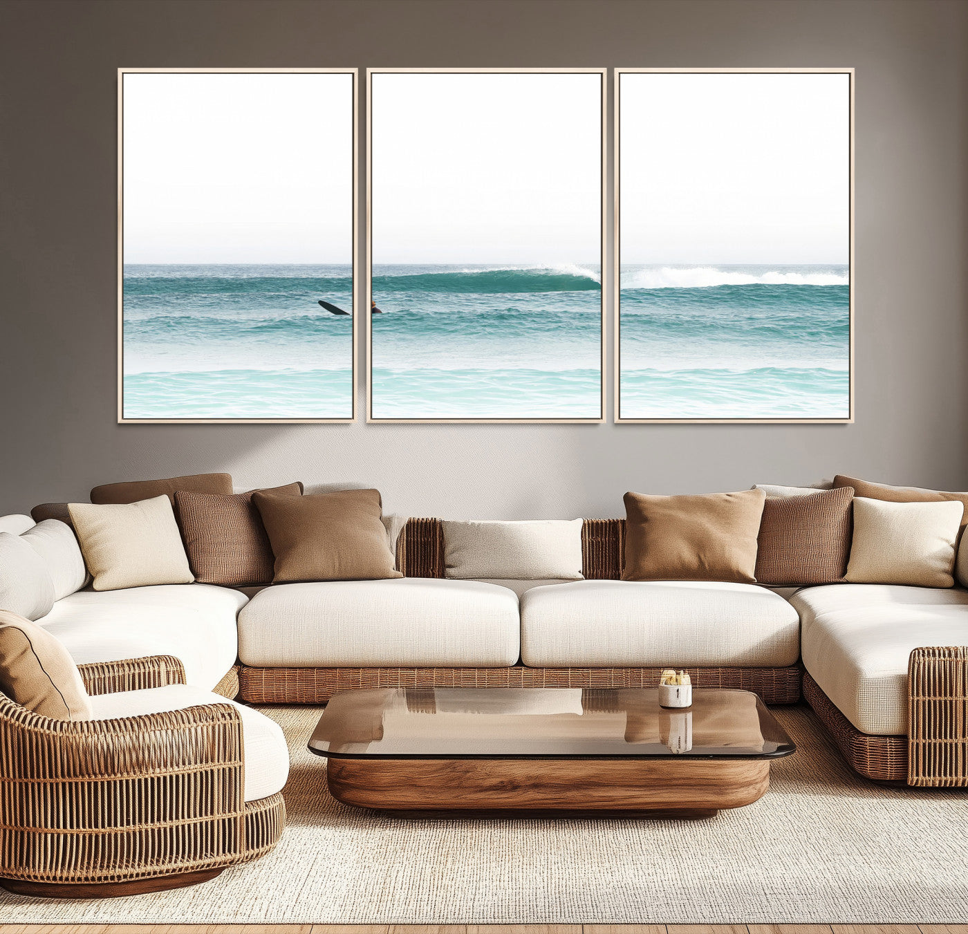 -Surfing Wall Art Canvas Print, Framed Ocean Art Picture Print, Waves Perfect Minimalist Decor for Living Room, Bedroom or Office