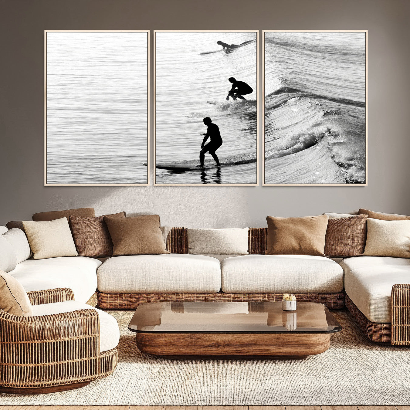 19875284-MGV-CV-36X24-Surfers on Waves Wall Art Canvas Print – Framed Black and White Surf Ocean Monochrome Beach Artwork for Home, Office