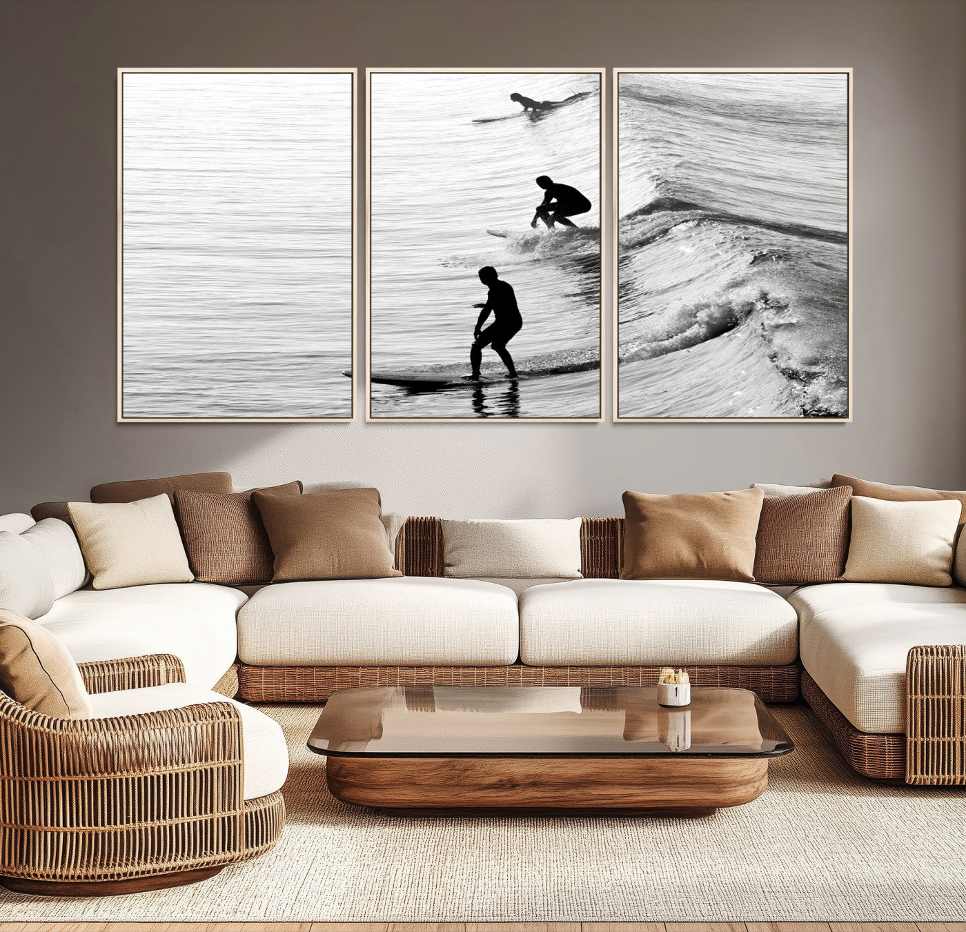 -Surfers on Waves Wall Art Canvas Print, Framed Black White Surf Art Picture Print, Monochrome Ocean
