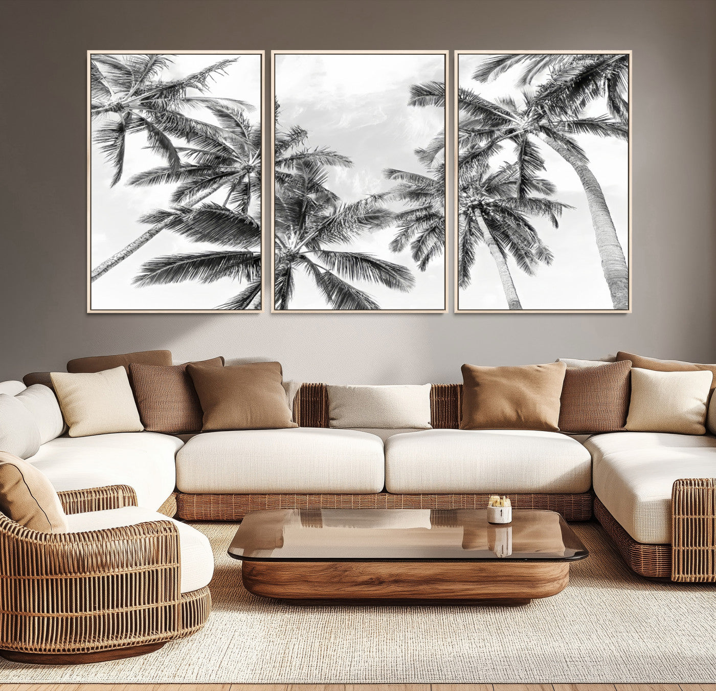 62113786-MGV-CV-36X24-Black and White Palm Wall Art Canvas Print – Framed Monochrome Tropical Beach Scene Artwork for Modern Home, Office Decor