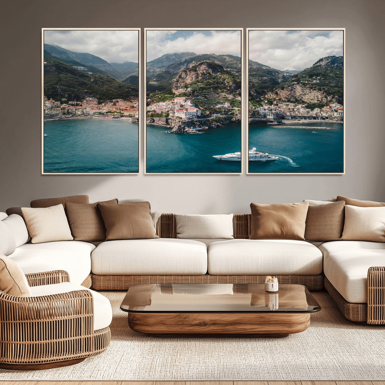 20321590-MGV-CV-36X24-Amalfi Coast Wall Art – Framed Italian Seaside Canvas Artwork, Mediterranean Landscape Design, Coastal Decor for Home, Office