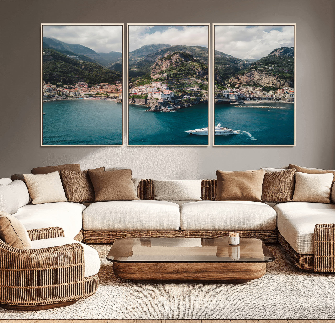 20321590-MGV-CV-36X24-Amalfi Coast Wall Art – Framed Italian Seaside Canvas Artwork, Mediterranean Landscape Design, Coastal Decor for Home, Office