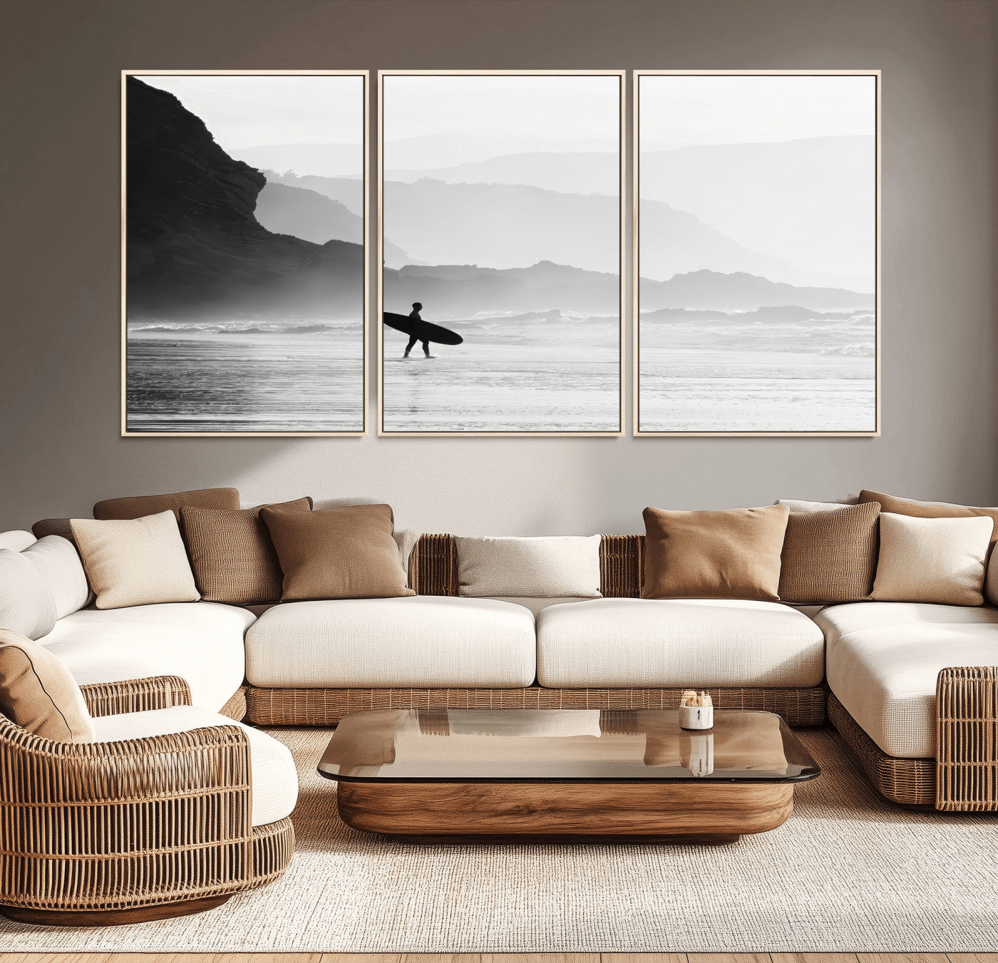 MGV-FC-60X30-3P - Surfer In Fog Wall Art Canvas Print, Framed Moody Shoreline Art Picture Print, Cliffside Waves Perfect Minimalist Coastal Decor Artwork