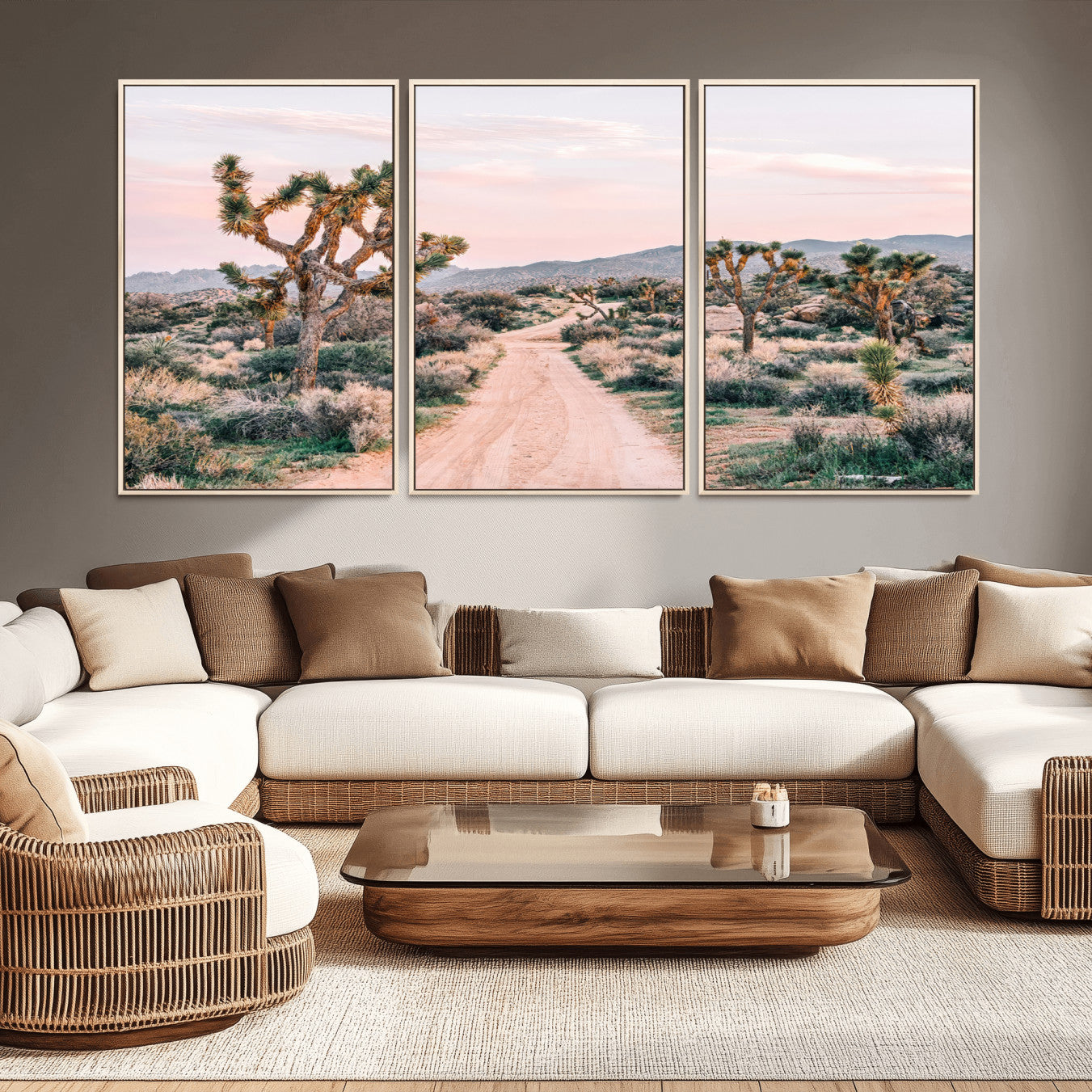 MGV-FC-60X30-3P - Desert Trail Wall Art – Canvas Print of Joshua Trees & Sunset Glow, Sandy Path Wilderness, Scenic Nature Escape Decor for Living Room, Office or Bedroom
