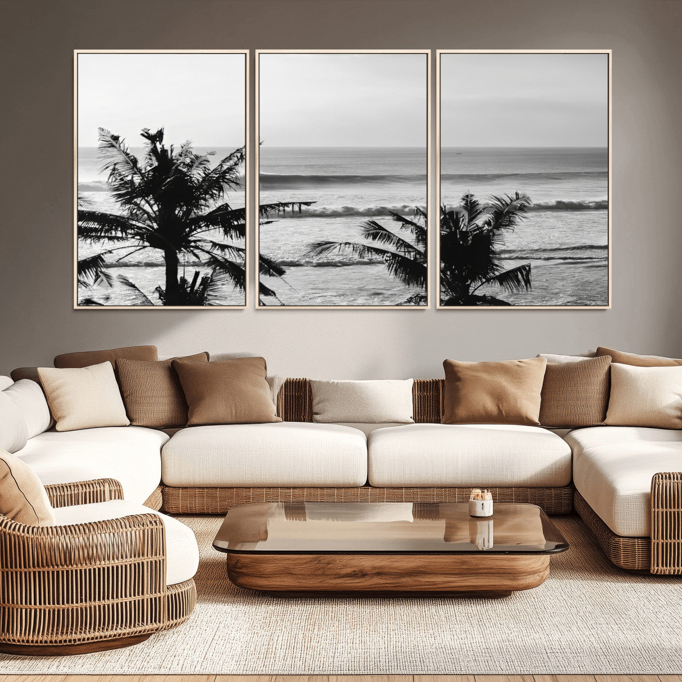 17508038-MGV-CV-36X24-Tropical Coastline Wall Art Canvas Print – Framed Palm Trees Scene with Ocean Waves Artwork for Home, Office