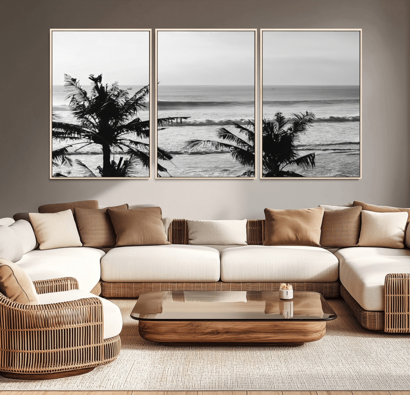 17508038-MGV-CV-36X24-Tropical Coastline Wall Art Canvas Print – Framed Palm Trees Scene with Ocean Waves Artwork for Home, Office