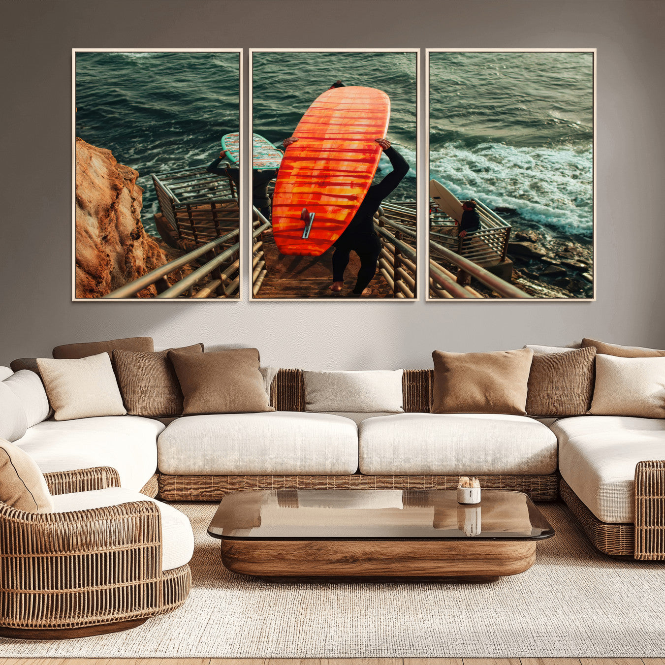 MGV-FC-60X30-3P - Surfer Stairway Wall Art Canvas Print, Framed Ocean Surf Art Picture Print, Sunset Coastal Perfect Coastal Adventure Decor Artwork
