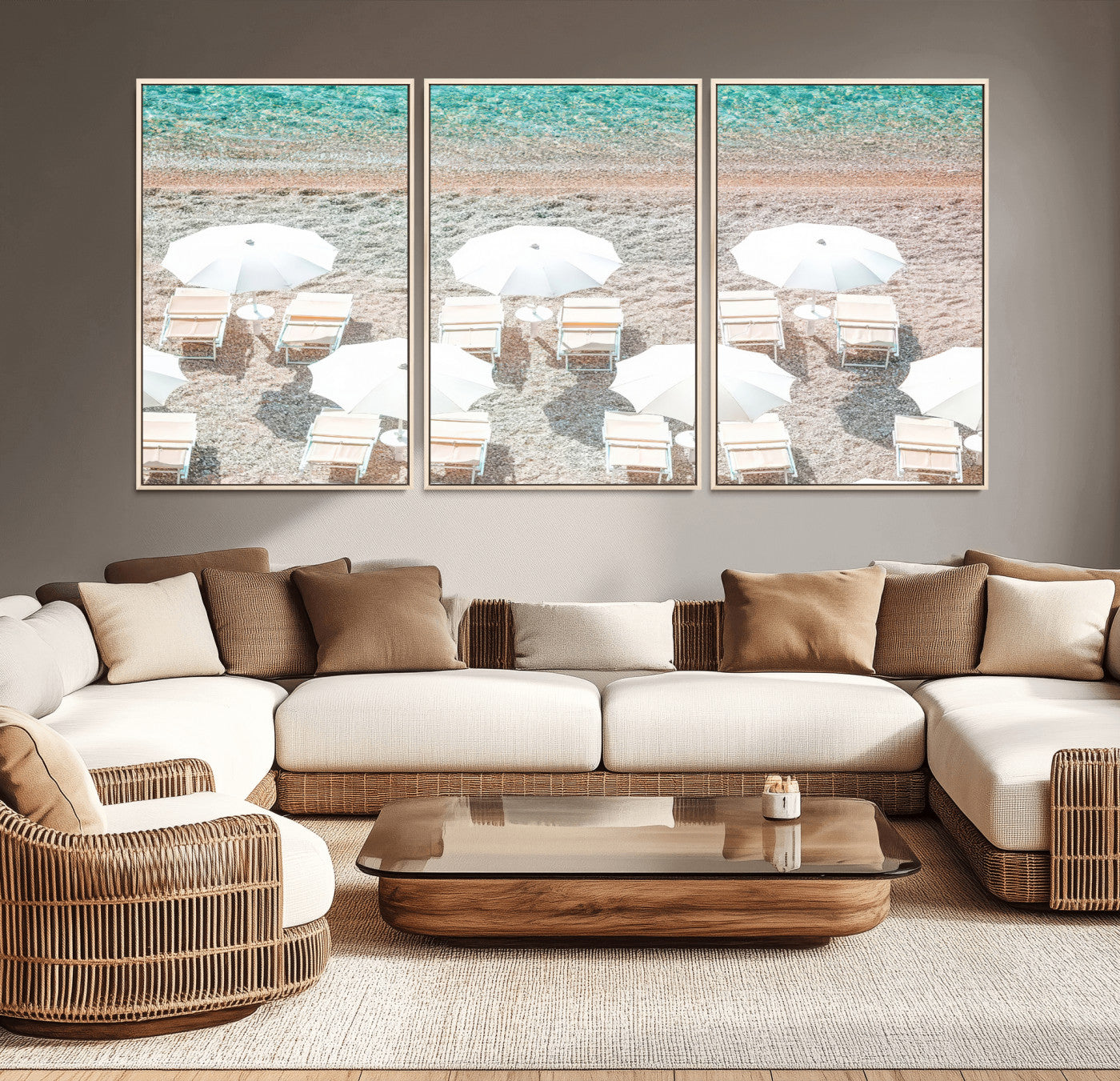 MGV-FC-60X30-3P - Calm Beach Wall Art Canvas Print, Framed Turquoise Water Art Picture Print, Umbrella Shoreline Perfect Coastal Minimalist Decor Artwork