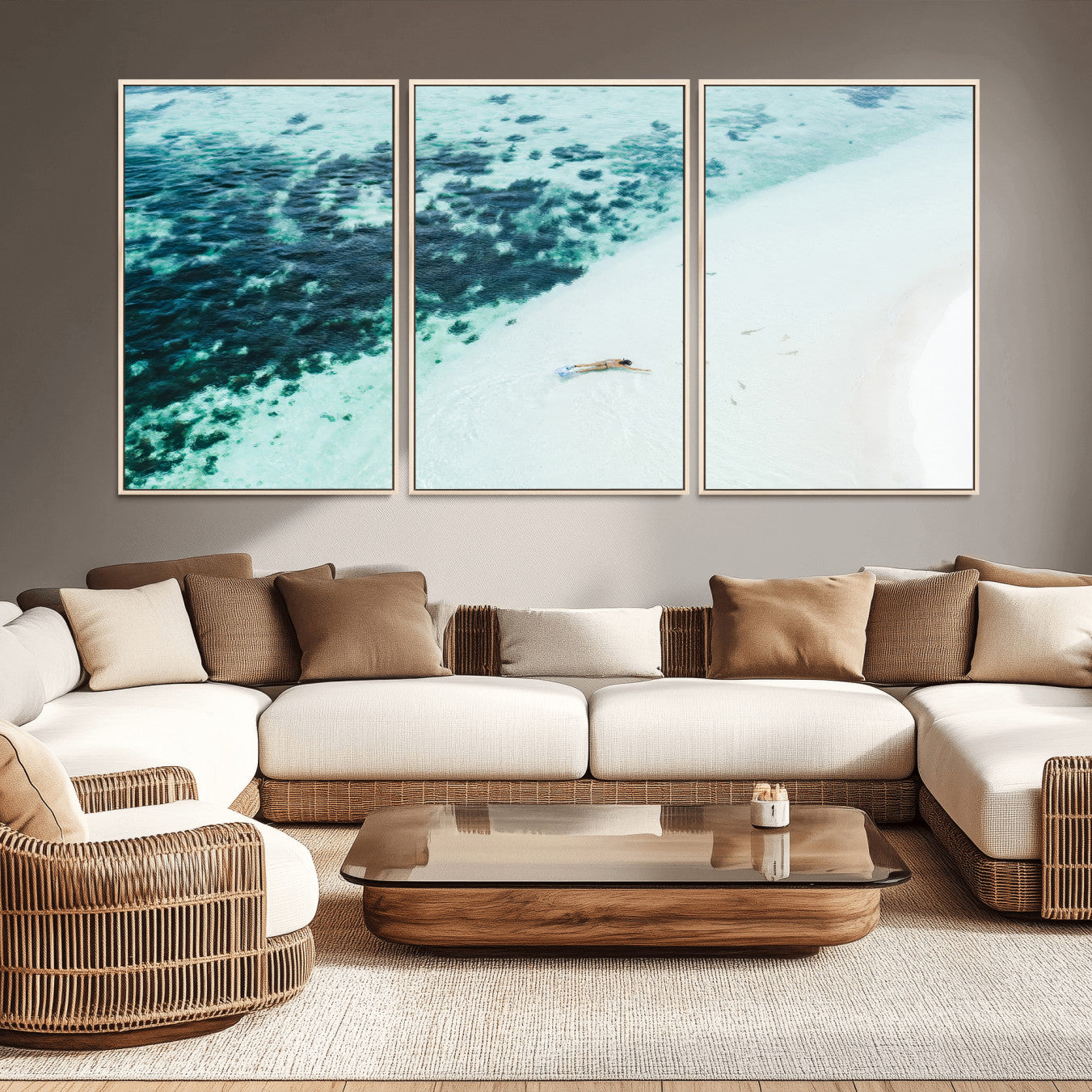 33764764-MGV-CV-36X24-Minimal Beach Wall Art – Framed Ocean Swimming Canvas Artwork, Clear Blue Sea Design, Modern Coastal Decor for Home, Office