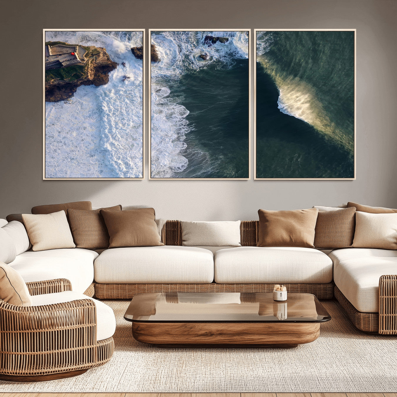 MGV-FC-60X30-3P - Nazaré Coast Wall Art Canvas Print, Framed Aerial Ocean Art Picture Print, Coastal Fortress Perfect Dramatic Coastal Decor Artwork