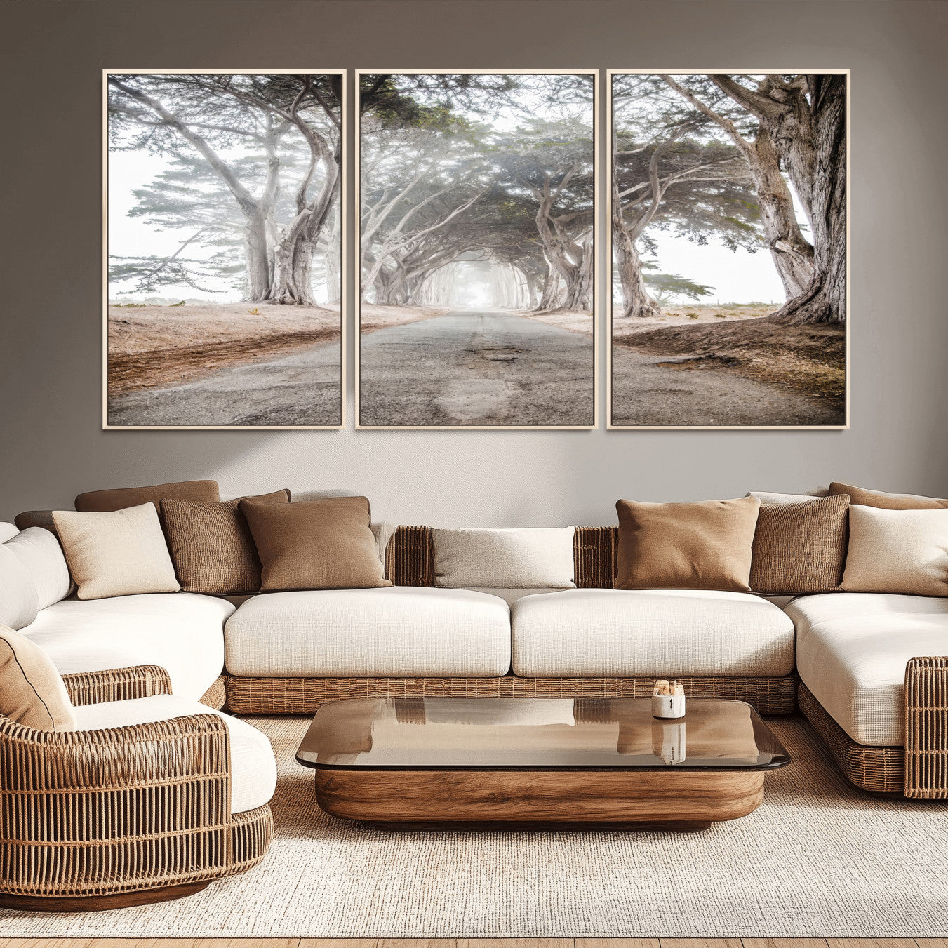 87090469-MGV-CV-36X24-Cypress Tunnel Wall Art – Framed Misty Road Canvas Artwork, Foggy Trees Design, Rustic Woodland Nature Decor for Home, Office